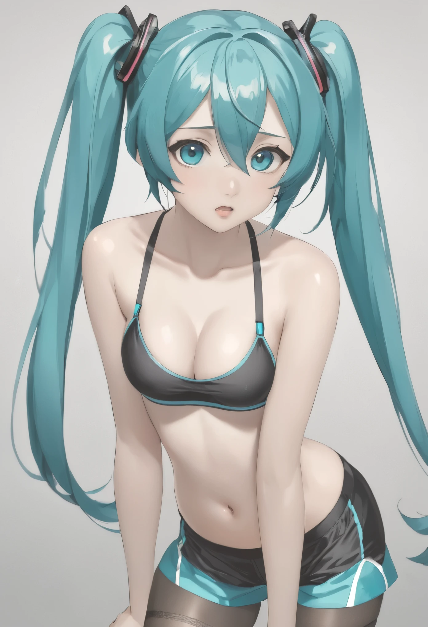 (masterpiece), (highest quality), Very detailed, High resolution, One girl, Focus Only, Skin dents,Sports Bra，Shorts，pantyhose， Perfect Face, Swollen face, Beautiful Face, Big eyes, Puffy eyes, Perfect Eyes, eyelash，Hatsune Miku，Very detailed顔，