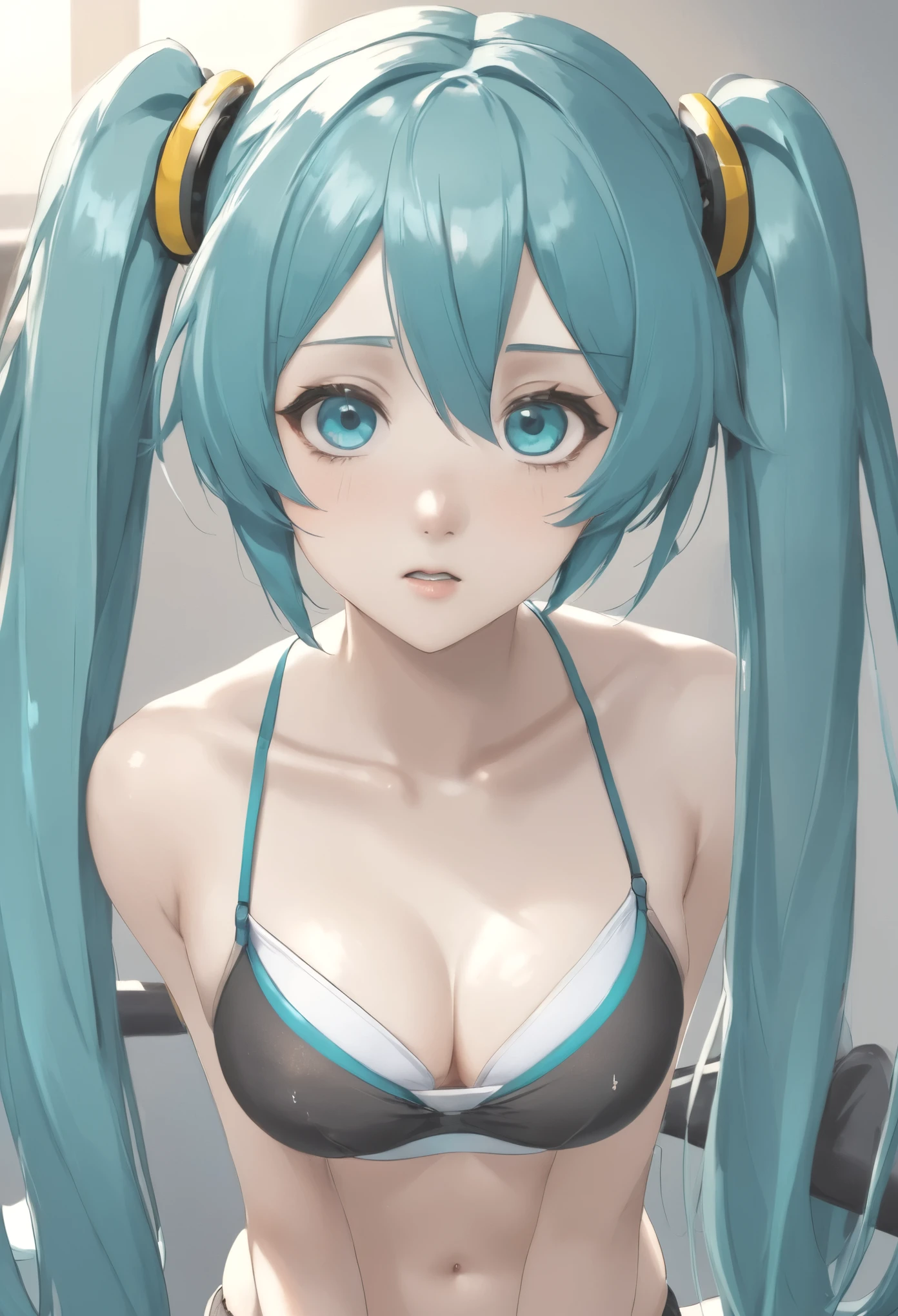 (masterpiece), (highest quality), Very detailed, High resolution, One girl, Focus Only, Skin dents,Sports Bra,Shorts,pantyhose, Perfect Face, Swollen face, Beautiful Face, Big eyes, Puffy eyes, Perfect Eyes, eyelash,Hatsune Miku,Very detailed顔,