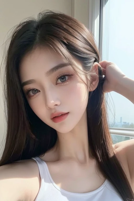 ((Best quality, 8k, Masterpiece :1.3)), 1girl, Pretty woman with emphasizing slender abs :1.3, (random hairstyles :1.2), Oversized tank top :1.2, Ultra-detailed face, Detailed eyes, Double eyelid, armpit, big boob