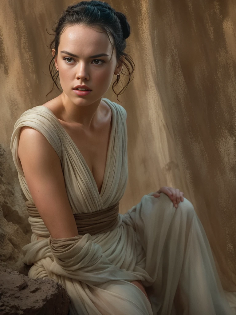 Masterpiece, Daisy Ridley, star wars Rey from "The Force Awakens" , nude, full body portrait, high quality, biting lip, seductive pose, 16K, ultra high res.photorealistic, UHD, DSLR, RAW, natural ligh