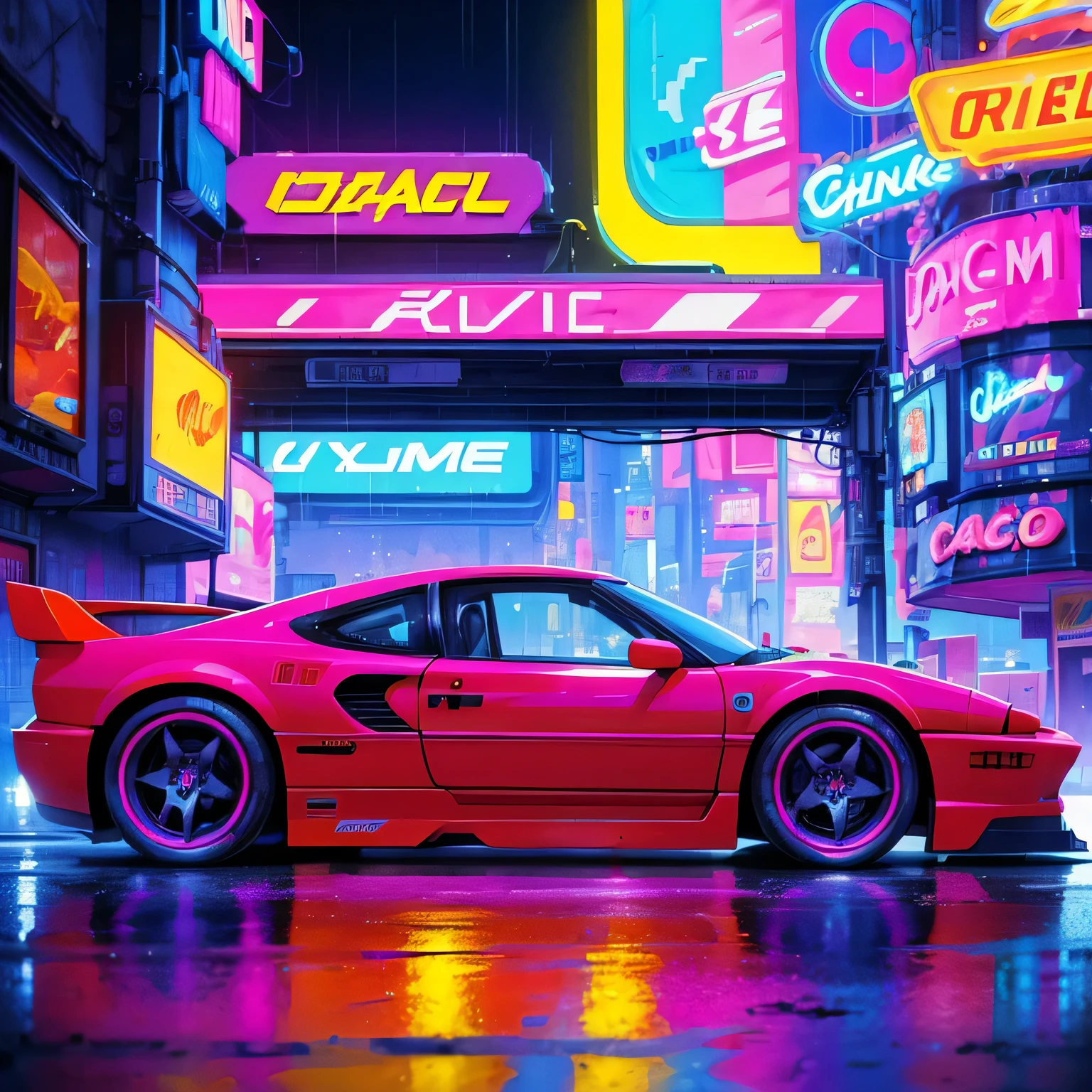 pixel art, one car drive in neon city, on the run, program, drive, cute, side view, anime, retro, arcade game, pop kart, race car, rain, synthwave, cyberpunk, game, dream, daylight, ink splash, design, abstract, cool, robotic car, colorful