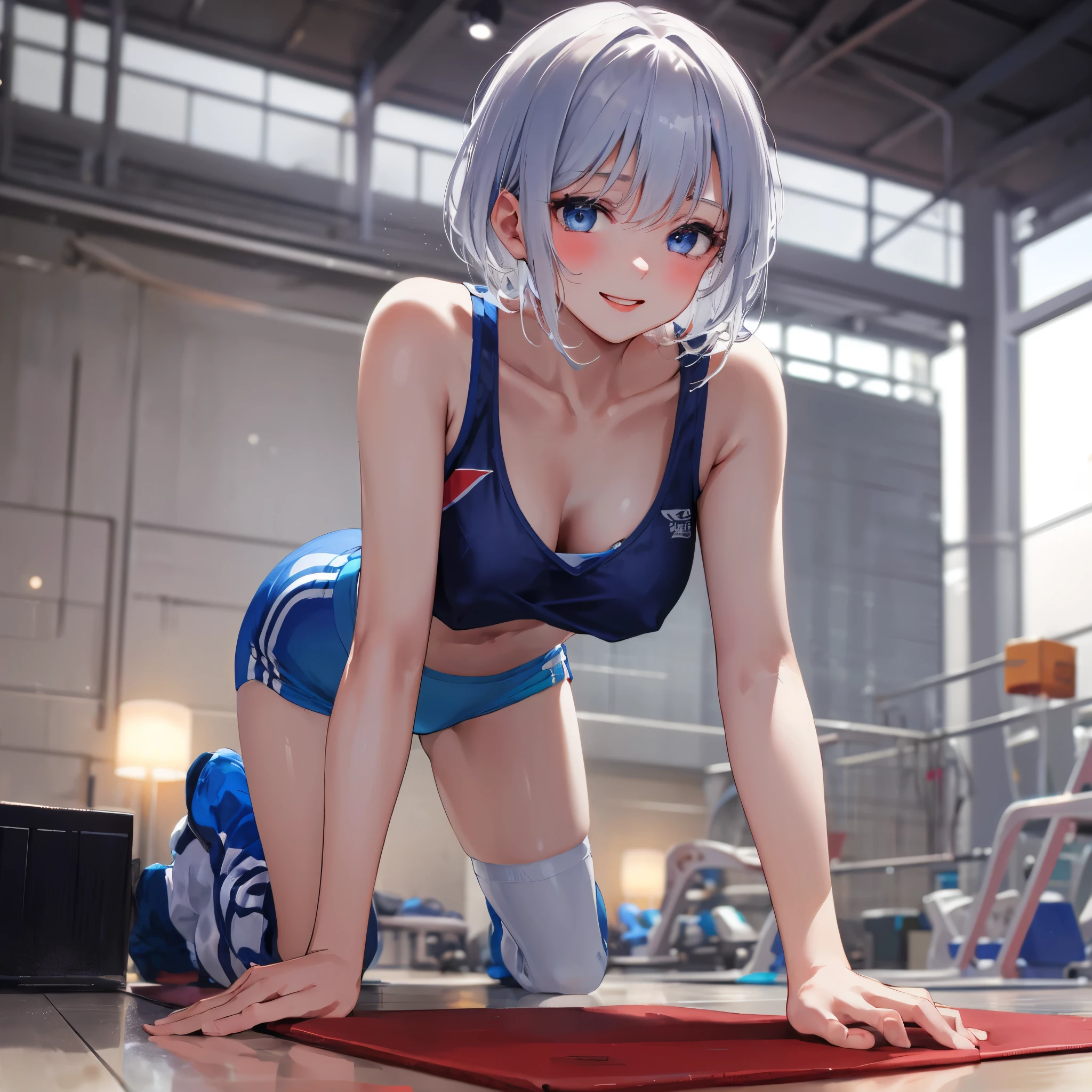 (masterpiece, best quality), 1girl, close-up face, (from front:1.2), (on all fours on the floor:1.2), (looking down:1.2), break girl, casual,Gym suit、Wearing a jersey、school gym、 (bra:1.2), breast gap, medium breasts, hanging breasts, downblouse,Nipples are visible、Not wearing a bra、Leaning forward、Silver hair, very short hair, slanted eyes, medium breasts（C Cup)-Pale blue eyes、、８K, highest quality, masterpiece, Ultra-detailed、full lips、、、Blushing、lipstick、Perfect hands、Detailed hand、、young face、、full lips、Pale blue eyes、、perfect hands、detailed hands,、Smile、smile、gymnastics matの上、gymnastics mat、Gym suit,Wearing a jersey、Wearing spats