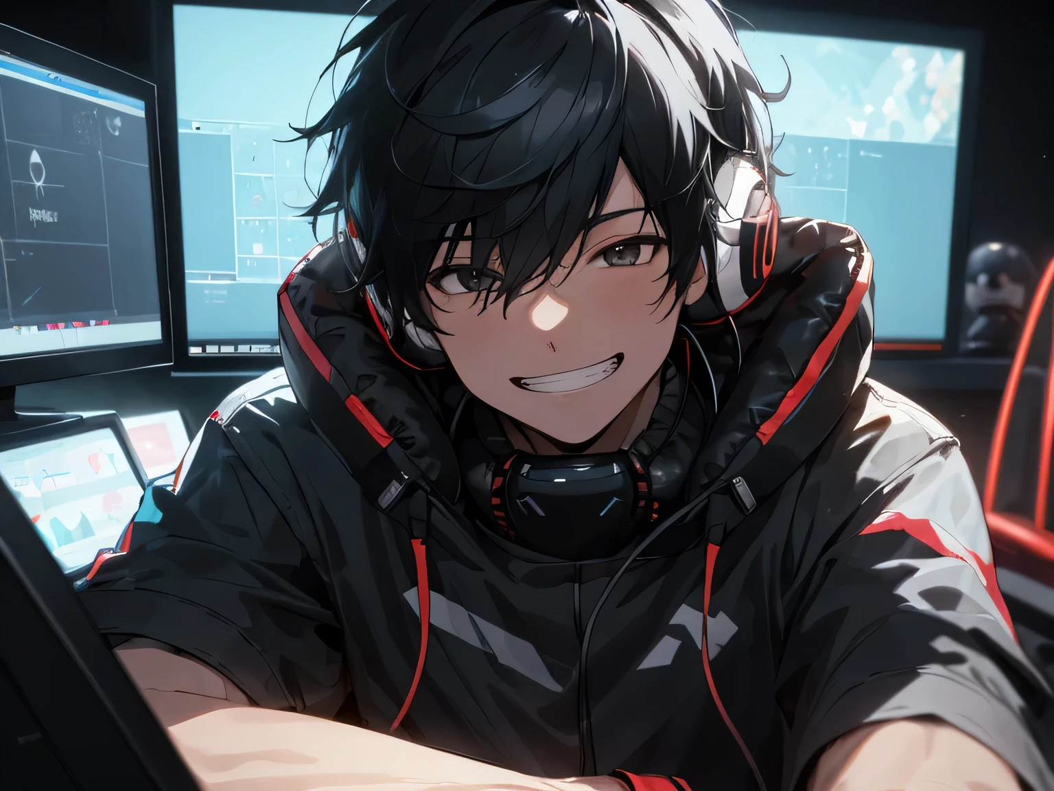 highest quality: 1.0), (Ultra-high resolution: 1.0), male,Upper Body, Face close-up,one person,Grin, Mashed black hair、Headphones on neck,, Remove the black mask,sit in front of the computer and play games, E-sports room background,Gamer's Room,