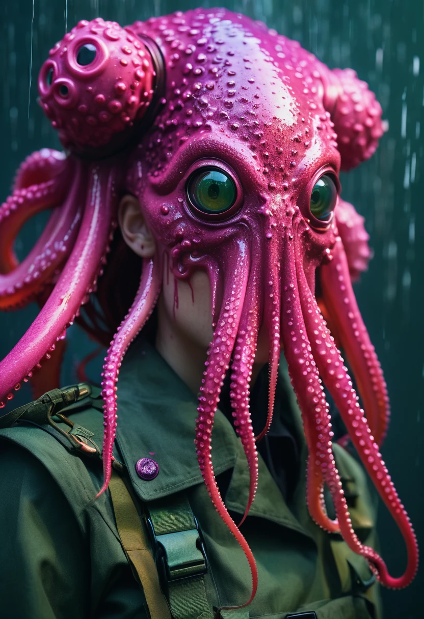 8K, ARTISTIC photogrAphy, best quAlity, mAsterpiece: 1.2), A (potrAit:1.2) witch BLOOD Cthulhu SOLDIER, EYES, PINK many octopus style tentacles, full body RAW candid cinema, red hair, 16mm, color graded portra 400 film, remarkable color, ultra realistic, sad admosphere, dark lighting, oppressive atmosphere, depressive colors, kodak portra 400, photograph,r, Natural Light, Pinhead lighgts, blur reflection, Brush Strokes, Smooth, abstract, Splatter, Oil On Canvas, rainbow colors, fractal isometrics details bioluminescens : a stunning realistic photograph of wet bone structure, 3d render, octane render, intricately detailed, titanium decorative headdress, cinematic, trending on artstation | Isometric | Centered