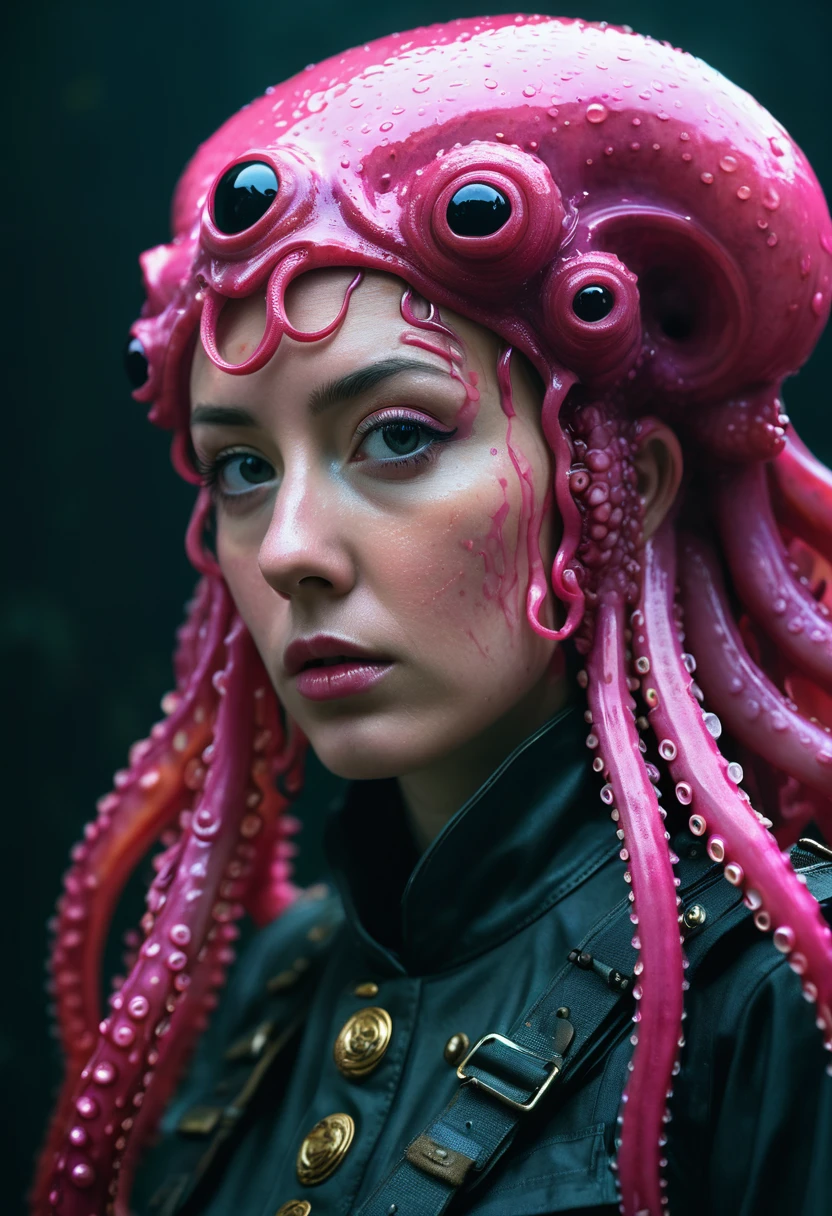 8K, ARTISTIC photogrAphy, best quAlity, mAsterpiece: 1.2), A (potrAit:1.2) witch BLOOD Cthulhu SOLDIER, EYES, PINK many octopus style tentacles, full body RAW candid cinema, red hair, 16mm, color graded portra 400 film, remarkable color, ultra realistic, sad admosphere, dark lighting, oppressive atmosphere, depressive colors, kodak portra 400, photograph,r, Natural Light, Pinhead lighgts, blur reflection, Brush Strokes, Smooth, abstract, Splatter, Oil On Canvas, rainbow colors, fractal isometrics details bioluminescens : a stunning realistic photograph of wet bone structure, 3d render, octane render, intricately detailed, titanium decorative headdress, cinematic, trending on artstation | Isometric | Centered