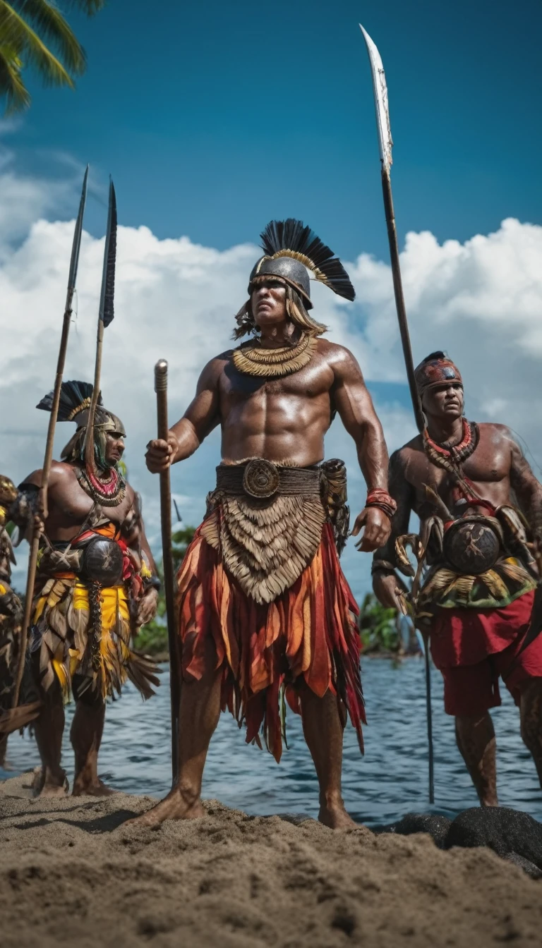 Lapu-Lapu and his troops, armed and ready for battle, standing defiantly on the shores of Mactan, background dark, hyper realistic, face detail, ultra detailed hyper realistic, photorealistic, Studio Lighting, reflections, dynamic pose, Cinematic, Color Grading, Photography, Shot on 50mm lens, Ultra-Wide Angle, Depth of Field, hyper-detailed, beautifully color, 8k