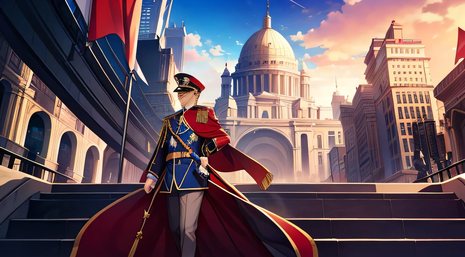 (Cinematic quality)，(Complicated details)，(Ascending Blackpill Empire)，(Red alert)，A bustling capital，Spectacular city，The flag is raised by a extremely handsome guy，future era