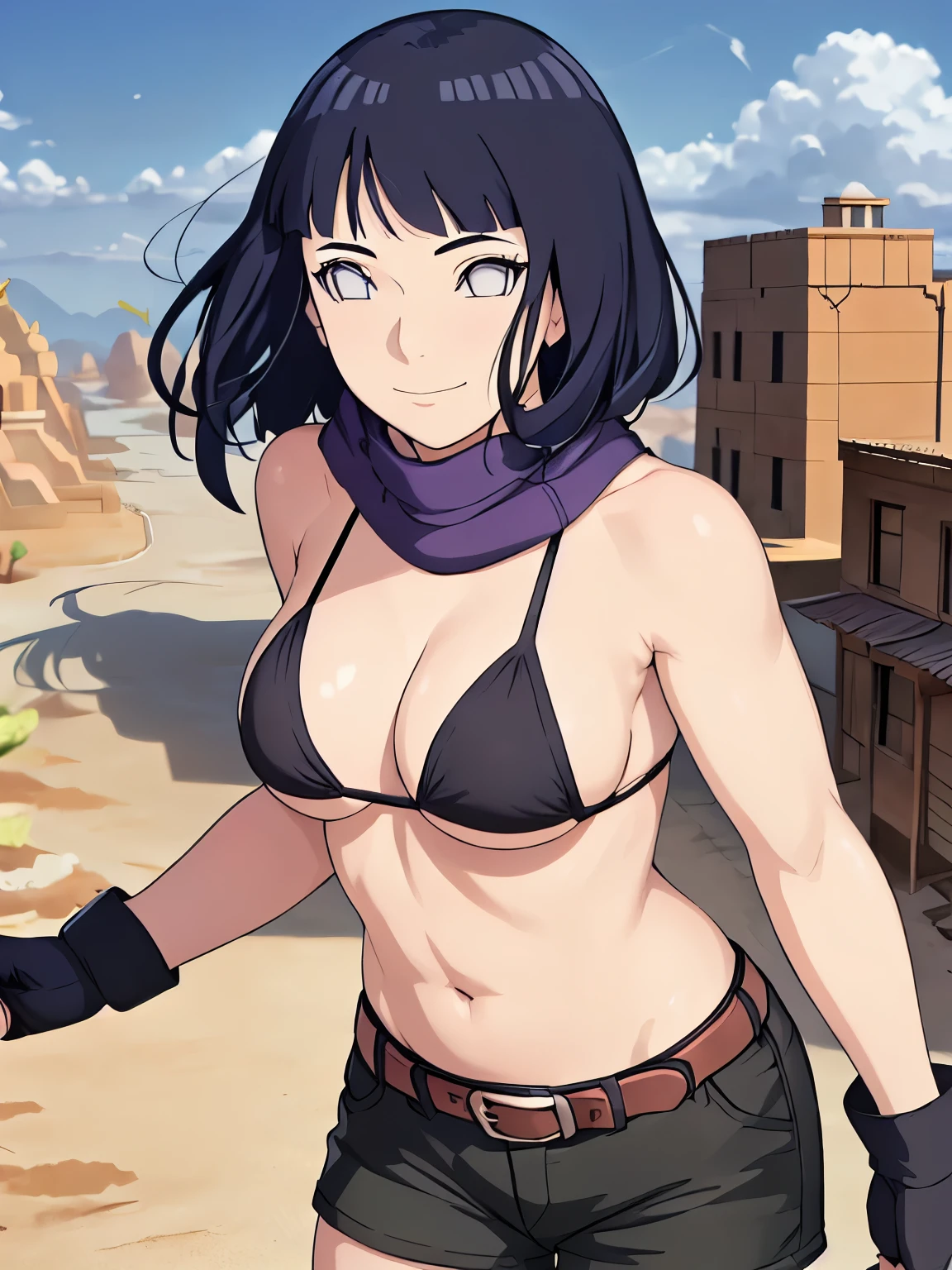 (hinata\(boruto\), (high quality, anime, heroine, gorgeous smile, slim body, leaning forward), ((black cotton bikini top)), ((fingerless gloves, black shorts with belt, black scarf)), (looking at the camera, curvy body, (very slim belly), extremely slim waist, off-shoulders, (medium-big breasts, visible under boobs), slim arms, little biceps, groin lines, little biceps, smile with closed mouth), (posing in photoshoot), pale skin, ((floating hair, dark blue, long hair, hime cut، loose hair), (location: desert with buildings)
