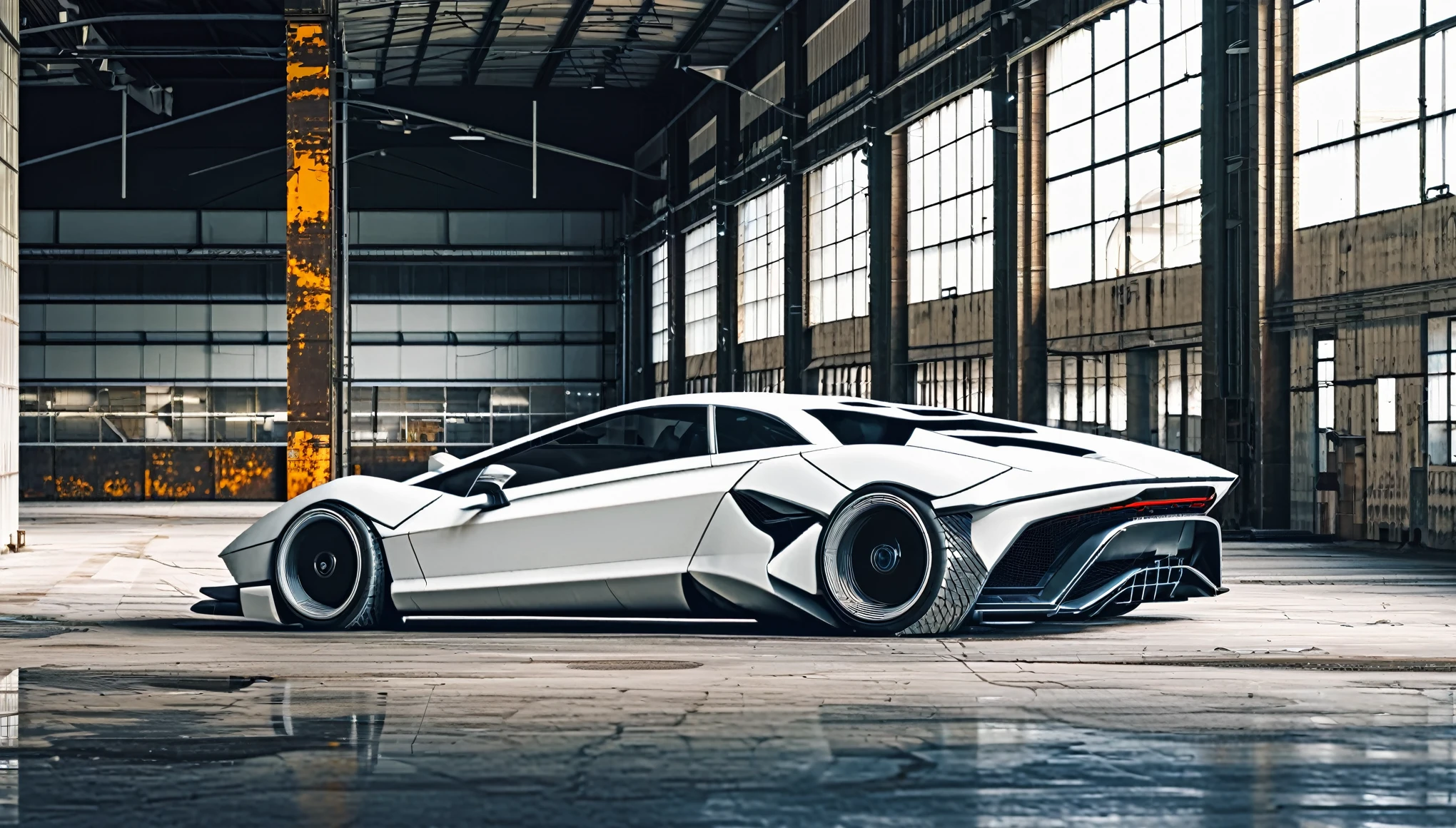 carro futurista cyber, he is parked in an abandoned industrial warehouse, carro trincado/enferrujado/metal, imagem de melhor qualidade, imagem:1.4/8k/UHD, (fotorealista:1.4), carro branco