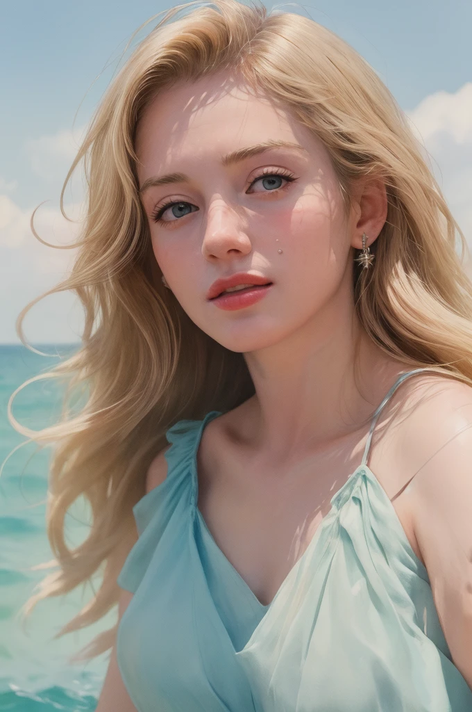 (masterpiece, realistic:1.4), (extremely intricate:1.2)>, close shot ,Marilyn Monroe portrait,(upper body:1.2), (( Detail in Face)), (( detail eyes)), (from front:1.3), 1970's dress, backless dress, (long dress:1.2), very long hair, breasts, bare shoulders, sky, ocean, water, looking at viewer, italian, head tilt, wind, cloud, sunlight, outdoor, 1girl, solo, BREAK, cinematic light, ultra high res, 8k uhd, film grain, perfect anatomy, exquisitely detailed skin, best shadow, delicate, RAW,highres,