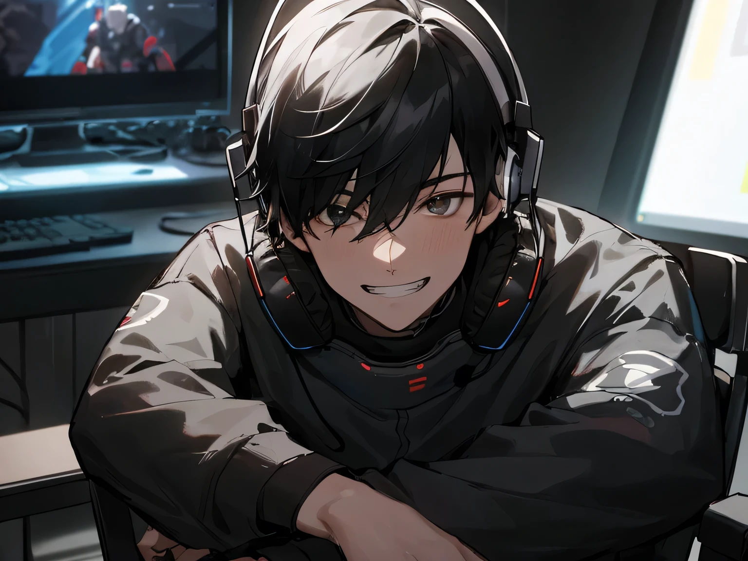 highest quality: 1.0), (Ultra-high resolution: 1.0), 5,male,Upper Body, Face close-up,one person,Grin, Mashed black hair、Headphones on neck,, Remove the black mask,sit in front of the computer and play games, E-sports room background,Gamer's Room,