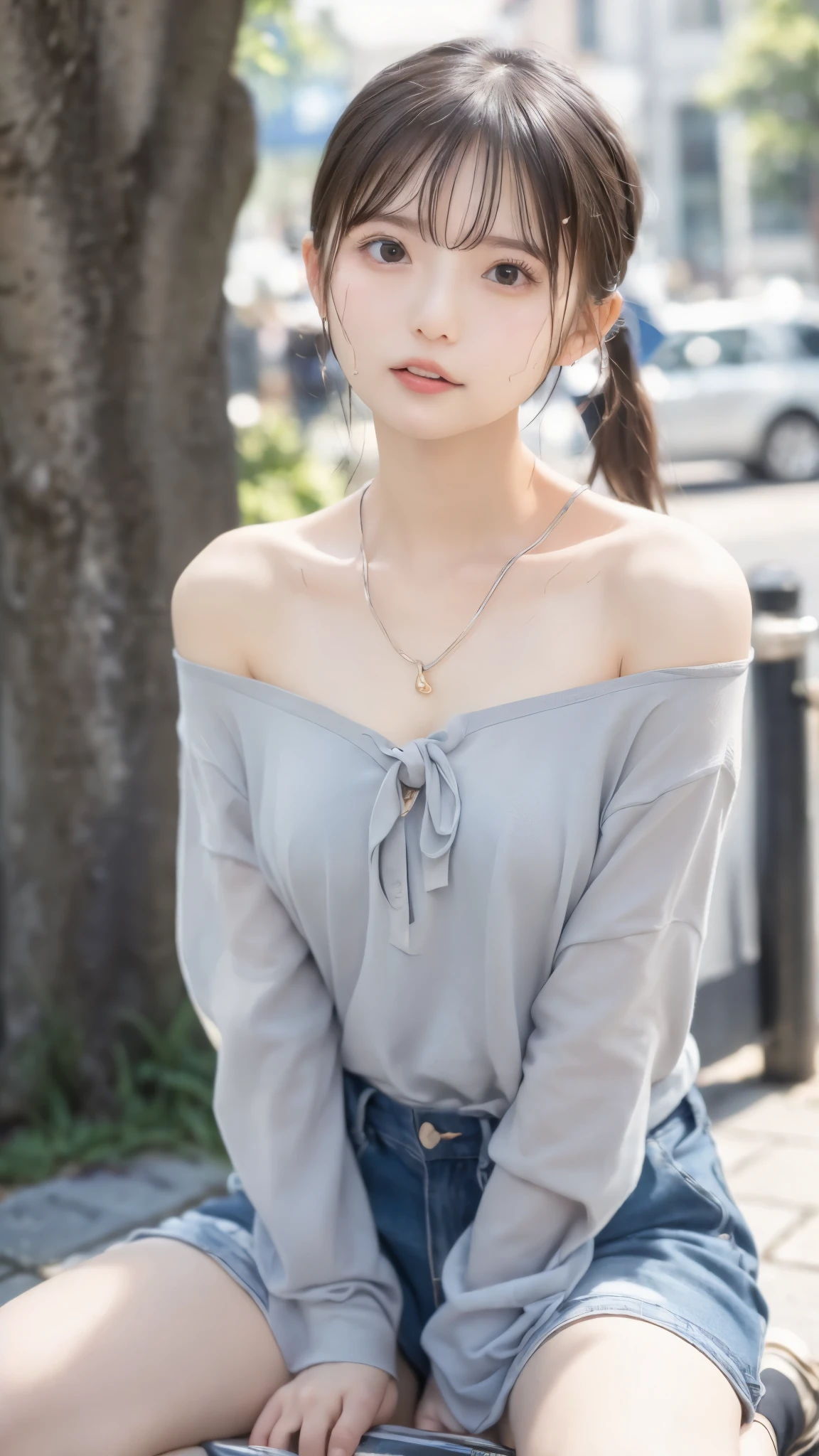 8K,Caucasian girl、Background Blur、super high quality、sunlight、Fair-skinned beautiful girl、、Young Breasts、Small breasts、Confused expression、Clear contours、Adult atmosphere、high resolution skin、Fair and beautiful thighs、Young face、Innocent face、Hair tied up with hair accessories、Well-formed face、、Open your mouth、Wet lips、Hold the penis in your hand and lick it with your tongue out、Off-the-shoulder shirt、slouch、Cloudy semen is poured on、Male genitalia pierced in the groin