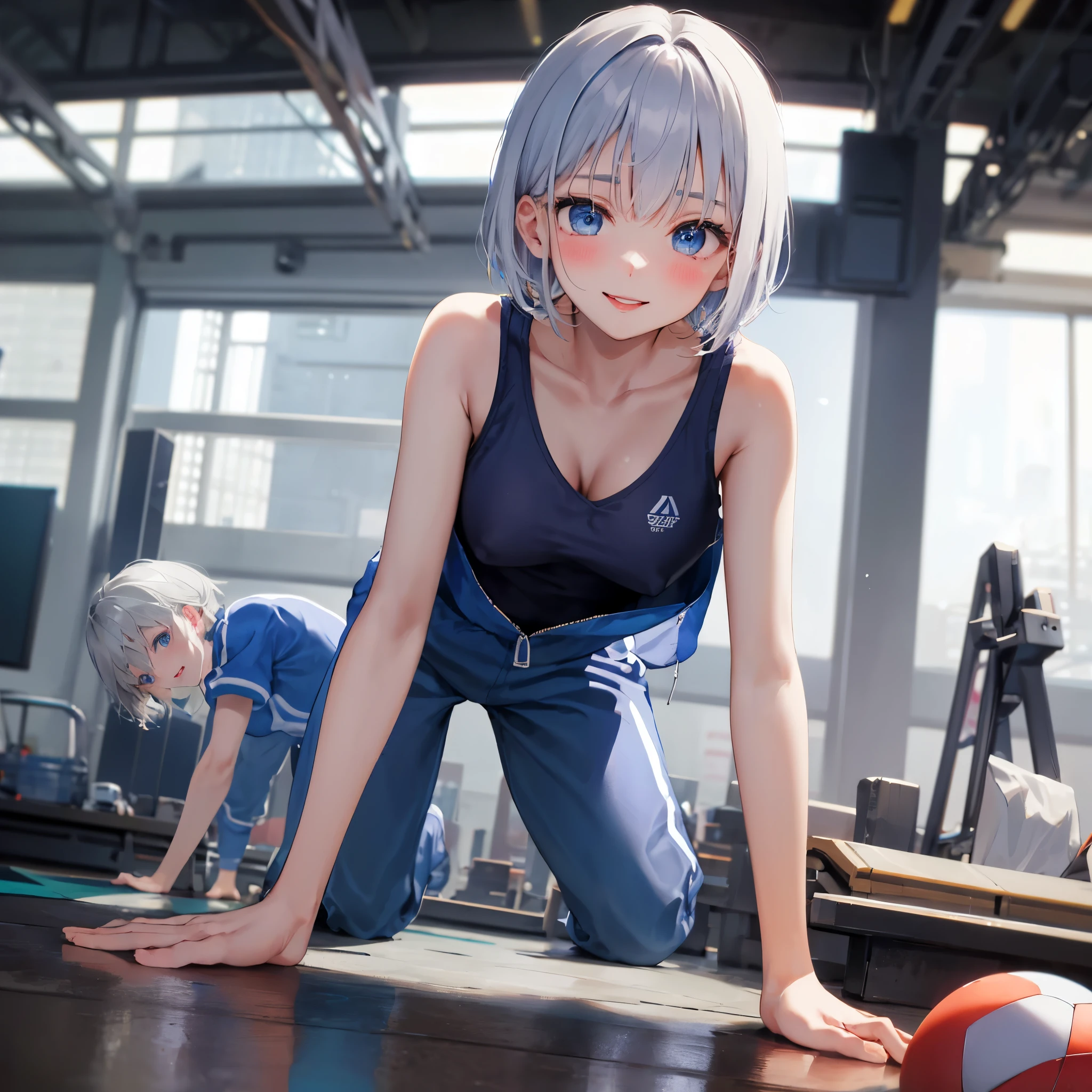 (masterpiece, best quality), 1girl, close-up face, (from front:1.2), (on all fours on the floor:1.2), (looking down:1.2), break girl, casual,Gym suit、Wearing a jersey、school gym、 (bra:1.2), breast gap, medium breasts, hanging breasts, downblouse,Nipples are visible、Not wearing a bra、Leaning forward、Silver hair, very short hair, slanted eyes, medium breasts(C Cup)-Pale blue eyes、、8K, highest quality, masterpiece, Ultra-detailed、full lips、、、Blushing、lipstick、Perfect hands、Detailed hand、、young face、、full lips、Pale blue eyes、、perfect hands、detailed hands,、Smile、smile、gymnastics matの上、gymnastics mat、Gym suit,Wearing a jersey、Wearing spats