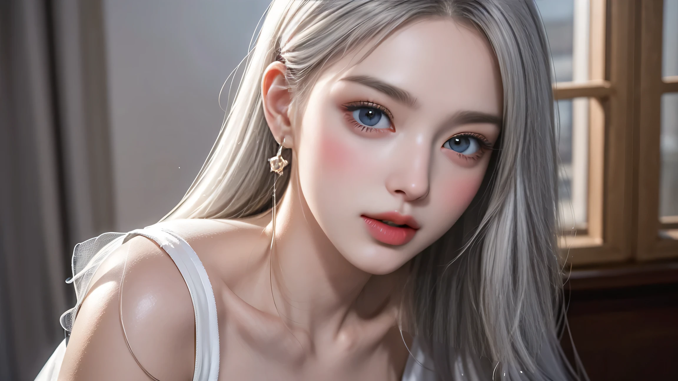 Top quality work,Actual work,Ultra Premium Graphics,8K HD CG works,High quality graphics,High-definition CG works,10x pixels,Extremely fine detail:1.1,Advanced Technical Details:1.1 Photorealistic,Indoor lighting effects:1.5,Natural light:1.5. Light effects(virtual Light effects:1.8),長いSilver Hair,Silver Hair,Transparent Hair,Hair with attention to detail(Premium Hair Detail:1.1)Clear Eyes,Beautiful double eyelids,Sharp eye makeup, Delicate eyelash makeup, Thin eyebrows, Highly detailed eyes,High nose, Nice red lips, Rose Cheeks, A face with subtle makeup , Cute face, perfectly balanced face,(Advanced Face Detail:1.1),Girl in maid outfit、 Cosplay, Knee socks, High heels, See-through,,The moonlight pours down like water,Foggy Room,Like a fairy in a painting,Slim sexy legs,A beautiful face is beautiful and delicate,Like a finely carved piece of jade、The waves in my eyes are like twinkling stars,Show the light of patience and wisdom。The bridge of the nose is straight,Cherry lip color, her face is clear,Her skin is as white as jade,Gives a healthy glow,Her makeup is light and subtle.,Not too decorative,A light-toned foundation enhances the clarity of your skin.,Eye makeup: eyeshadow and eyeliner,Make her eyes brighter and more cheerful、Add a touch of glamour and sophistication,Wear white to beat the snow,Clothes fluttering,It's about to be blown away by the wind,Drifting Away。Beautifully embroidered patterns on clothing,Without losing grace,Showing off incredible skills。Wear a wide belt around your waist,A transparent jade pendant hangs from it.,Swaying with her movements。Her hair is casually tied back,Fix with hosta,A few strands of hair are swaying gently in the wind,Add a little softness、Charmed everyone'Note、Grace、mystery、full of power。