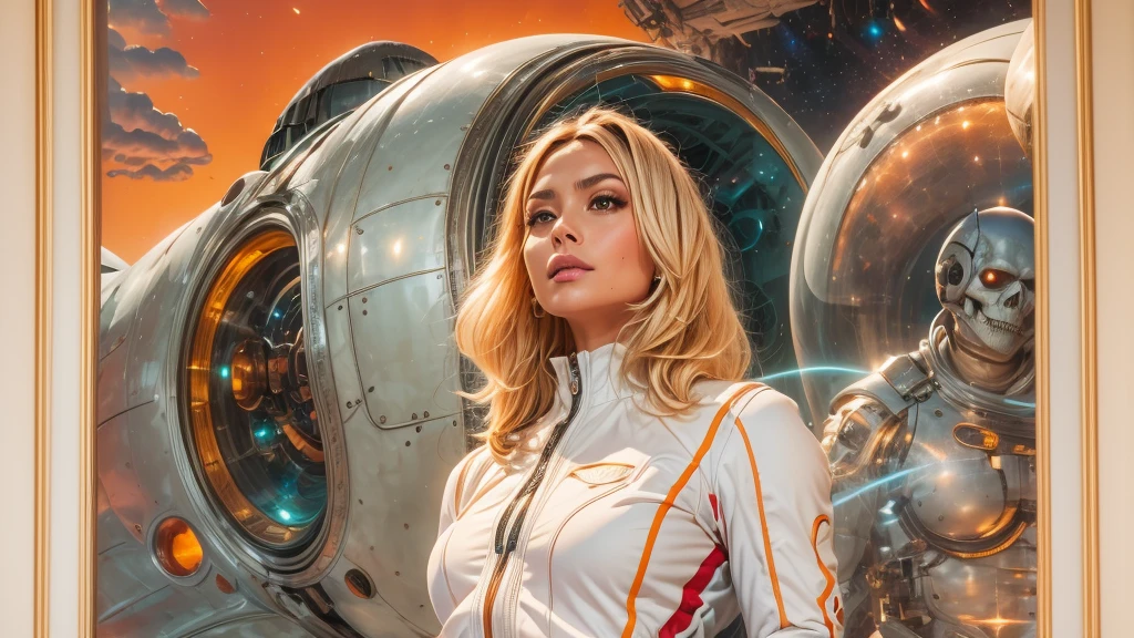 arafed image of a white woman in a futuristic suit with a spaceship in the background, movie art, in front of an orange background, inspired by Robert McGinnis, female protagonist, megastructure in the background, portrait of an ai astronaut, astronauts, an astronaut, portrait of a astronaut skeletor, perfect android girl, detailed eyes, perfectly detailed teeth, frank franzzeta and sakimichan  