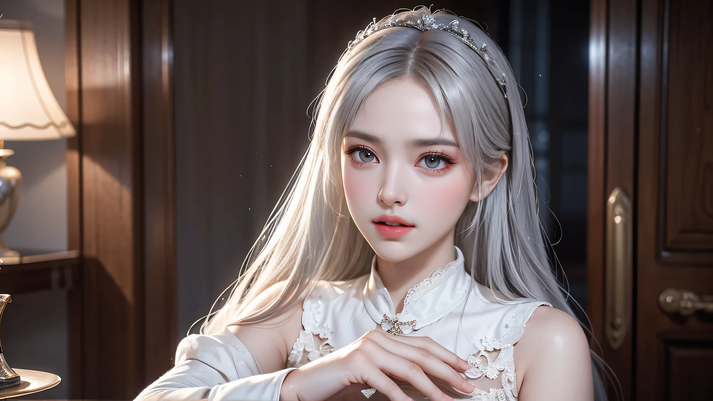 Top quality work,Actual work,Ultra Premium Graphics,8K HD CG works,High quality graphics,High-definition CG works,10x pixels,Extremely fine detail:1.1,Advanced Technical Details:1.1 Photorealistic,Indoor lighting effects:1.5,Natural light:1.5. Light effects(virtual Light effects:1.8),長いSilver Hair,Silver Hair,Transparent Hair,Hair with attention to detail(Premium Hair Detail:1.1)Clear Eyes,Beautiful double eyelids,Sharp eye makeup, Delicate eyelash makeup, Thin eyebrows, Highly detailed eyes,High nose, Nice red lips, Rose Cheeks, A face with subtle makeup , Cute face, perfectly balanced face,(Advanced Face Detail:1.1),Girl in maid outfit、 Cosplay, Knee socks, High heels, See-through,,The moonlight pours down like water,Foggy Room,Like a fairy in a painting,Slim sexy legs,A beautiful face is beautiful and delicate,Like a finely carved piece of jade、The waves in my eyes are like twinkling stars,Show the light of patience and wisdom。The bridge of the nose is straight,Cherry lip color, her face is clear,Her skin is as white as jade,Gives a healthy glow,Her makeup is light and subtle.,Not too decorative,A light-toned foundation enhances the clarity of your skin.,Eye makeup: eyeshadow and eyeliner,Make her eyes brighter and more cheerful、Add a touch of glamour and sophistication,Wear white to beat the snow,Clothes fluttering,It's about to be blown away by the wind,Drifting Away。Beautifully embroidered patterns on clothing,Without losing grace,Showing off incredible skills。Wear a wide belt around your waist,A transparent jade pendant hangs from it.,Swaying with her movements。Her hair is casually tied back,Fix with hosta,A few strands of hair are swaying gently in the wind,Add a little softness、Charmed everyone'Note、Grace、mystery、full of power。