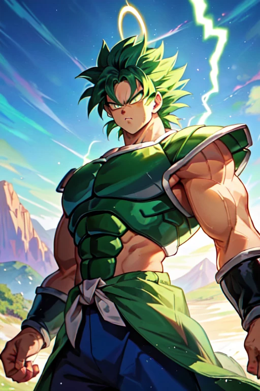 (masterpiece, best quality:1.2), cowboy shot, solo, male focus, 1boy, broly, (muscular:1.2), male, serious, green hair, saiyan armor,green hair stand,yellow green halo,white eyes,legendary super saiyan form,hands clenched,dragon ball world, green monkey tail,lightning all around,thunder,no irises,saiyan armor,punch and destroy a mountain,green atmosphere,fierce face,night

