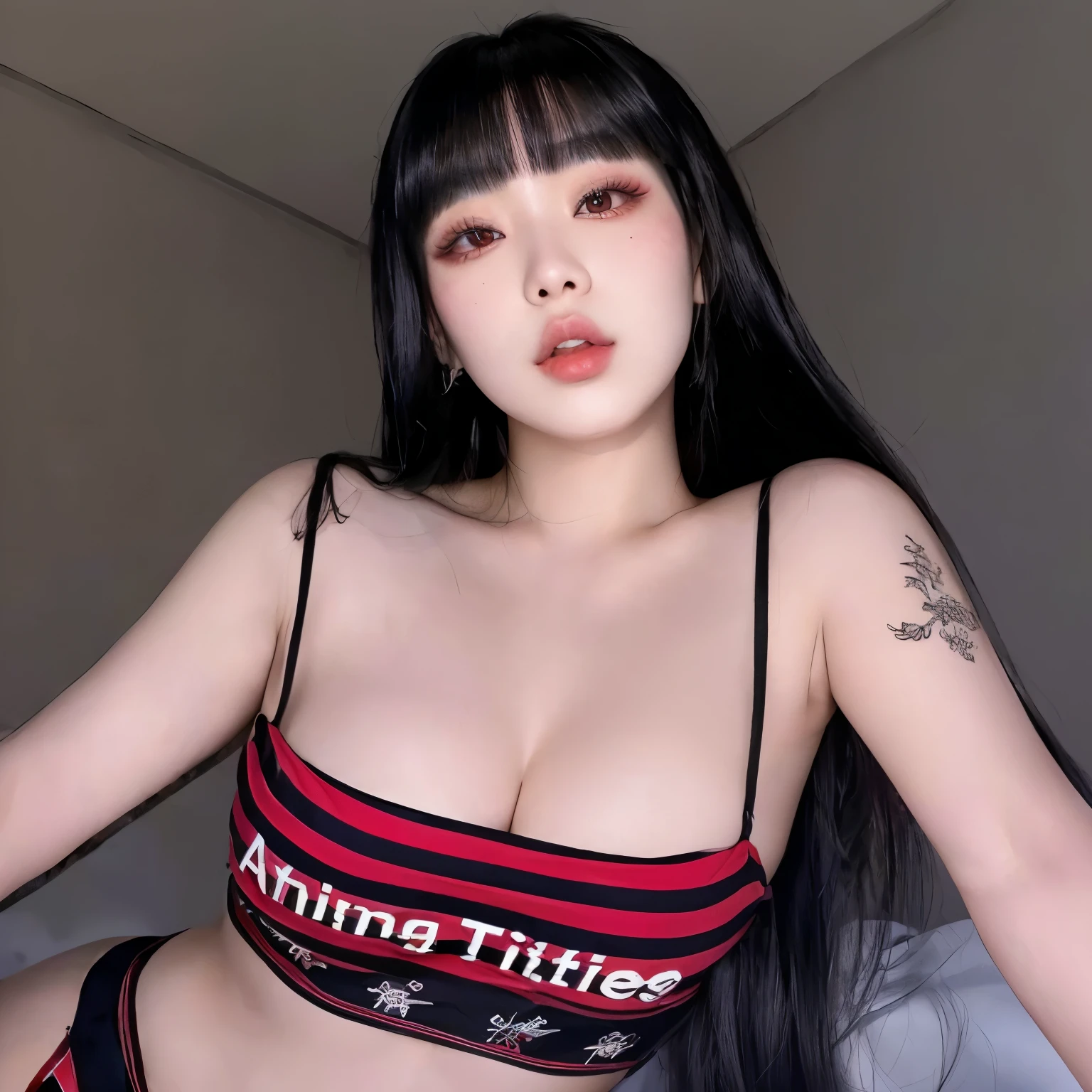 araffe asian woman with long black hair wearing a red and black striped top, cruel korean goth girl, taejune kim, korean girl, with black pigtails, japanese goddess, hong june hyung, seductive anime girl, anime vibes, thicc, chiho, heonhwa choe, sakimichan, ayami, asian girl, thick lips