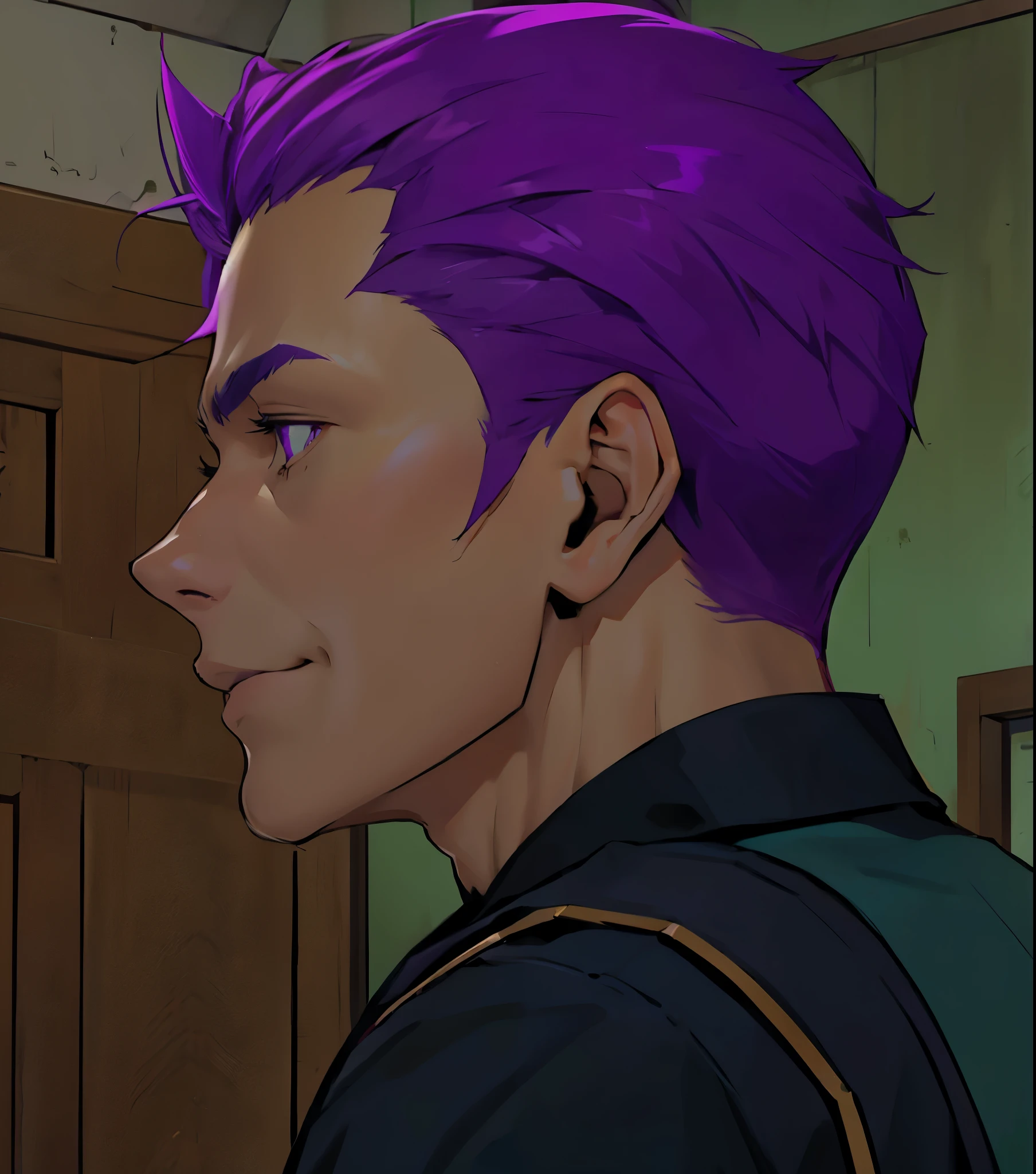 409-year-old man with short violet hair speaks with malice, intimidating