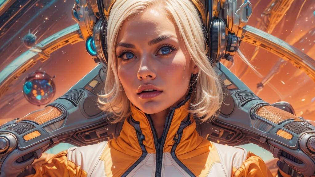 arafed image of a white woman in a futuristic suit with a spaceship in the background, movie art, in front of an orange background, inspired by Robert McGinnis, female protagonist, megastructure in the background, portrait of an ai astronaut, astronauts, an astronaut, portrait of a astronaut skeletor, perfect android girl, detailed eyes, perfectly detailed teeth, frank franzzeta and sakimichan