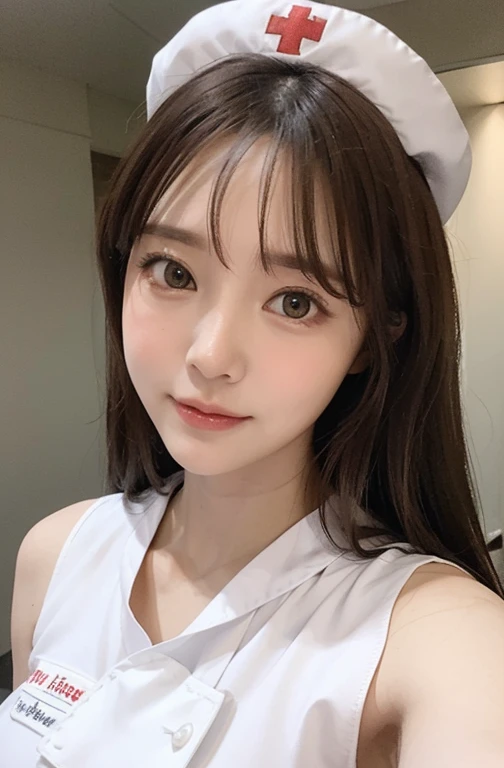 Nurse , in hospital , detailed hand , high quality, super quality, detailed face, beautiful woman , golden eyes, long hair , mega breast , gorgeous dress, wearing white nurse costume , nurse cap, sharpe eyebrow , (brown hair:1.4)