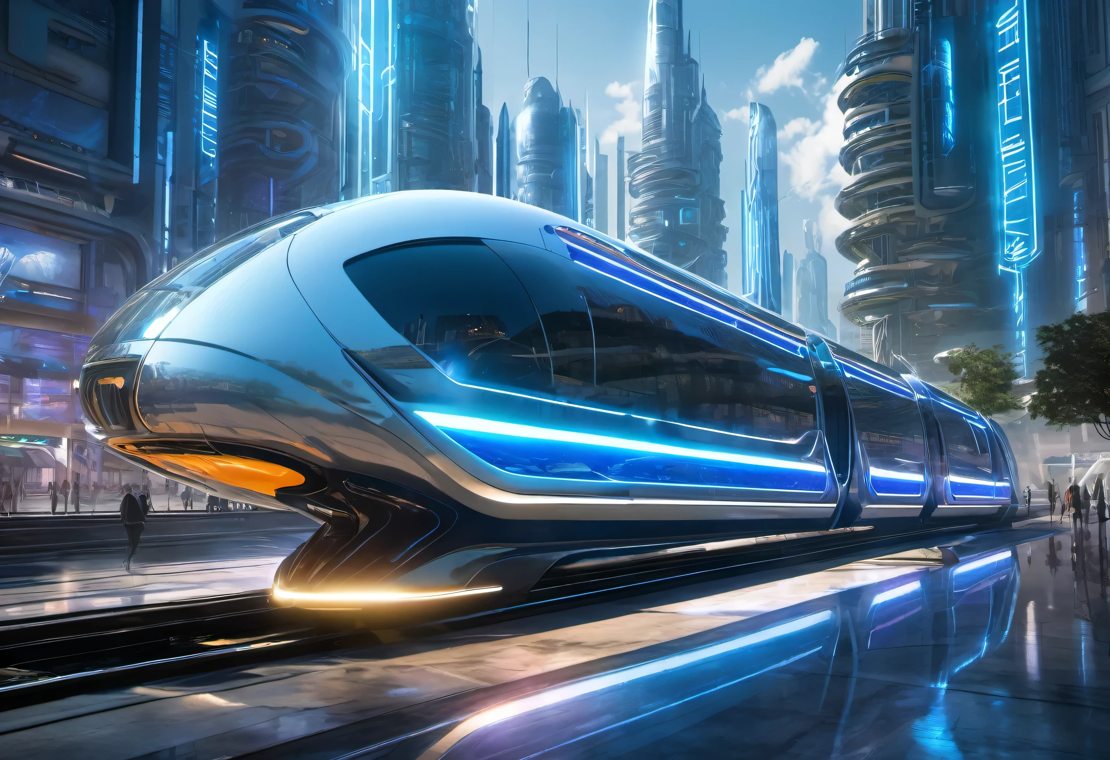 Future, daylight, a futuristic crystal city square. A futuristic fast train with blue neon lights is floating above the ground. In the background a futuristic city.