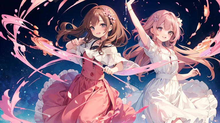 Anime Style,highest quality, masterpiece,Pink and brown hair,  iris, smile,Simple Background,Two Girls, fluid movement,Long skirt
