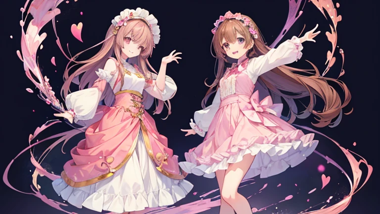 Anime Style,highest quality, masterpiece,Pink and brown hair,  iris, smile,Simple Background,Two Girls, fluid movement,Long skirt
