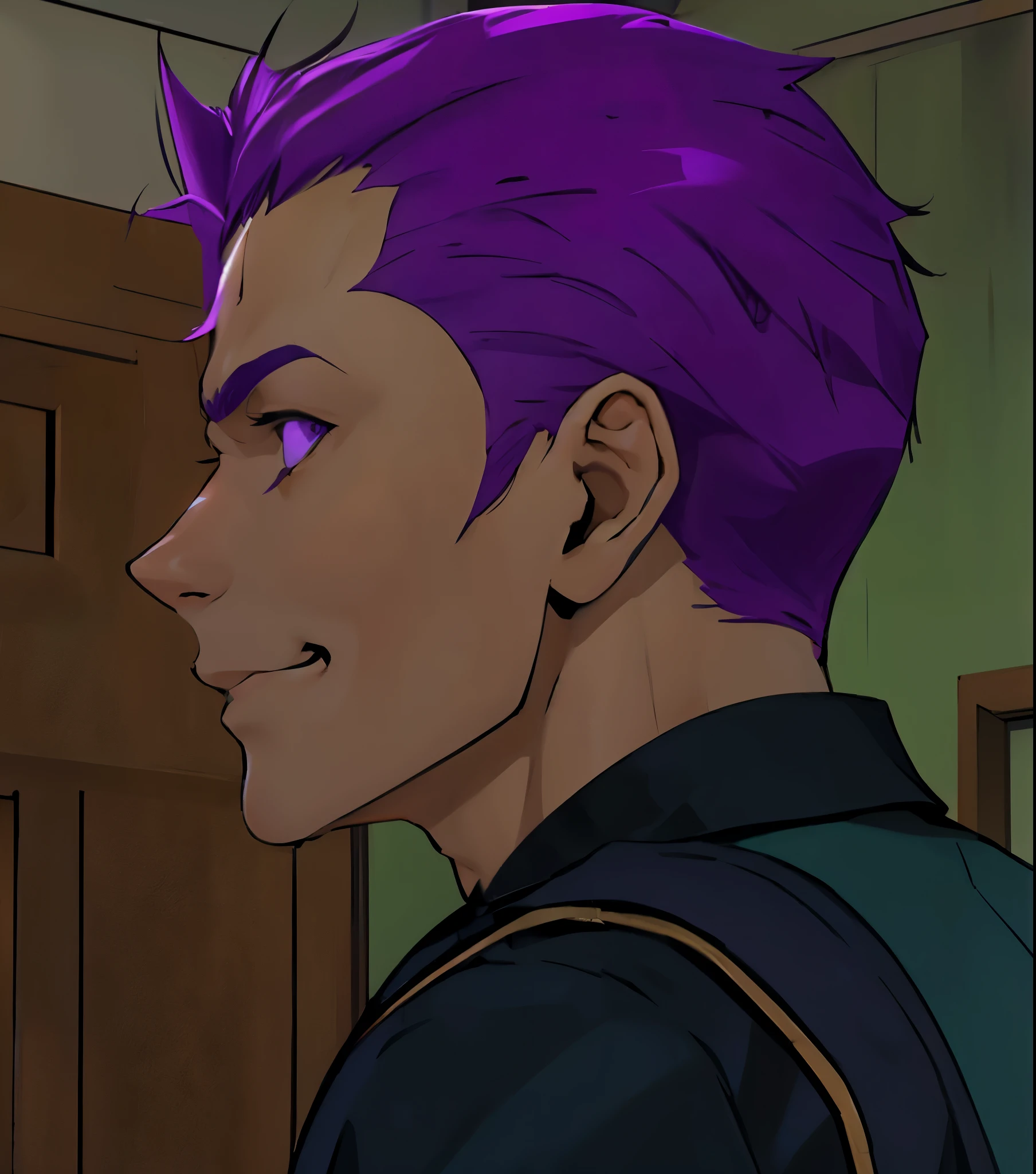 409-year-old man with short violet hair speaks with malice, intimidating