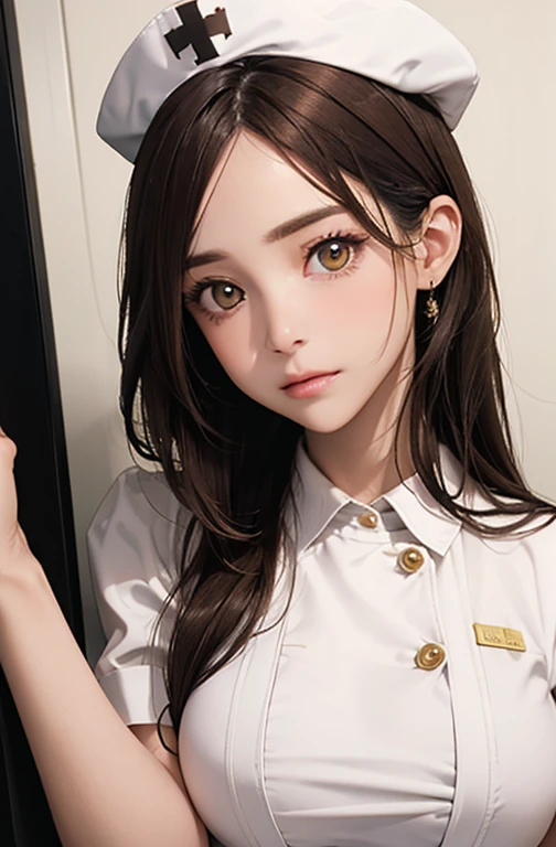 Nurse , in hospital , detailed hand , high quality, super quality, detailed face, beautiful woman , golden eyes, long hair , mega breast , gorgeous dress, wearing white nurse costume , nurse cap, sharpe eyebrow , (brown hair:1.4)