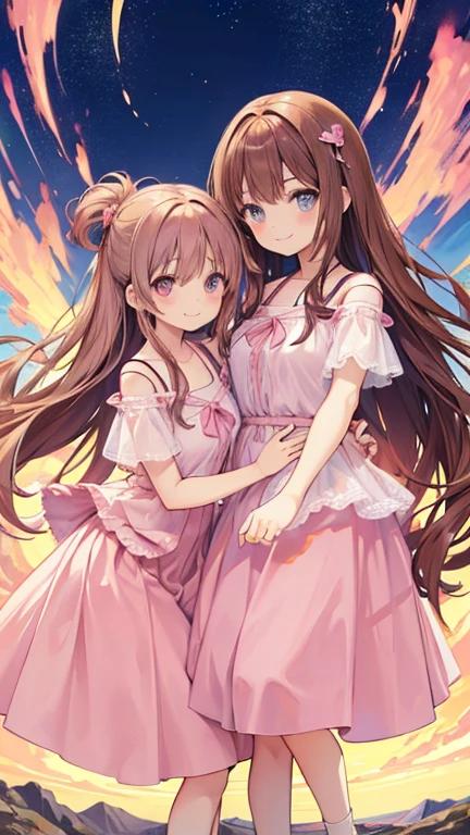 Anime Style,highest quality, masterpiece,Pink and brown hair,  iris, smile,Simple Background,Two Girls, fluid movement,Long skirt