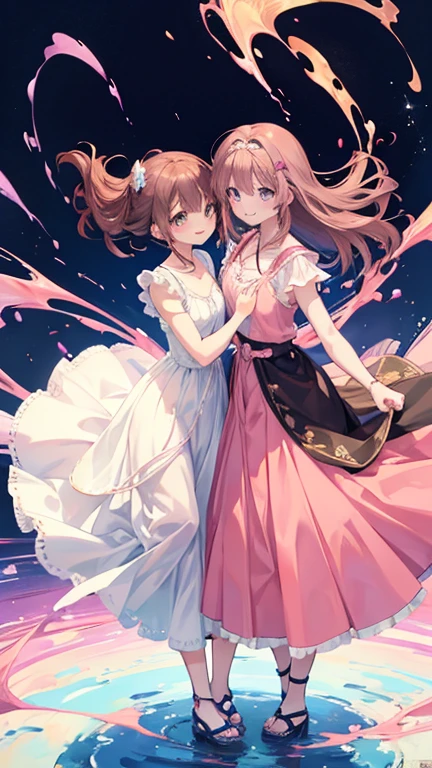 Anime Style,highest quality, masterpiece,Pink and brown hair,  iris, smile,Simple Background,Two Girls, fluid movement,Long skirt