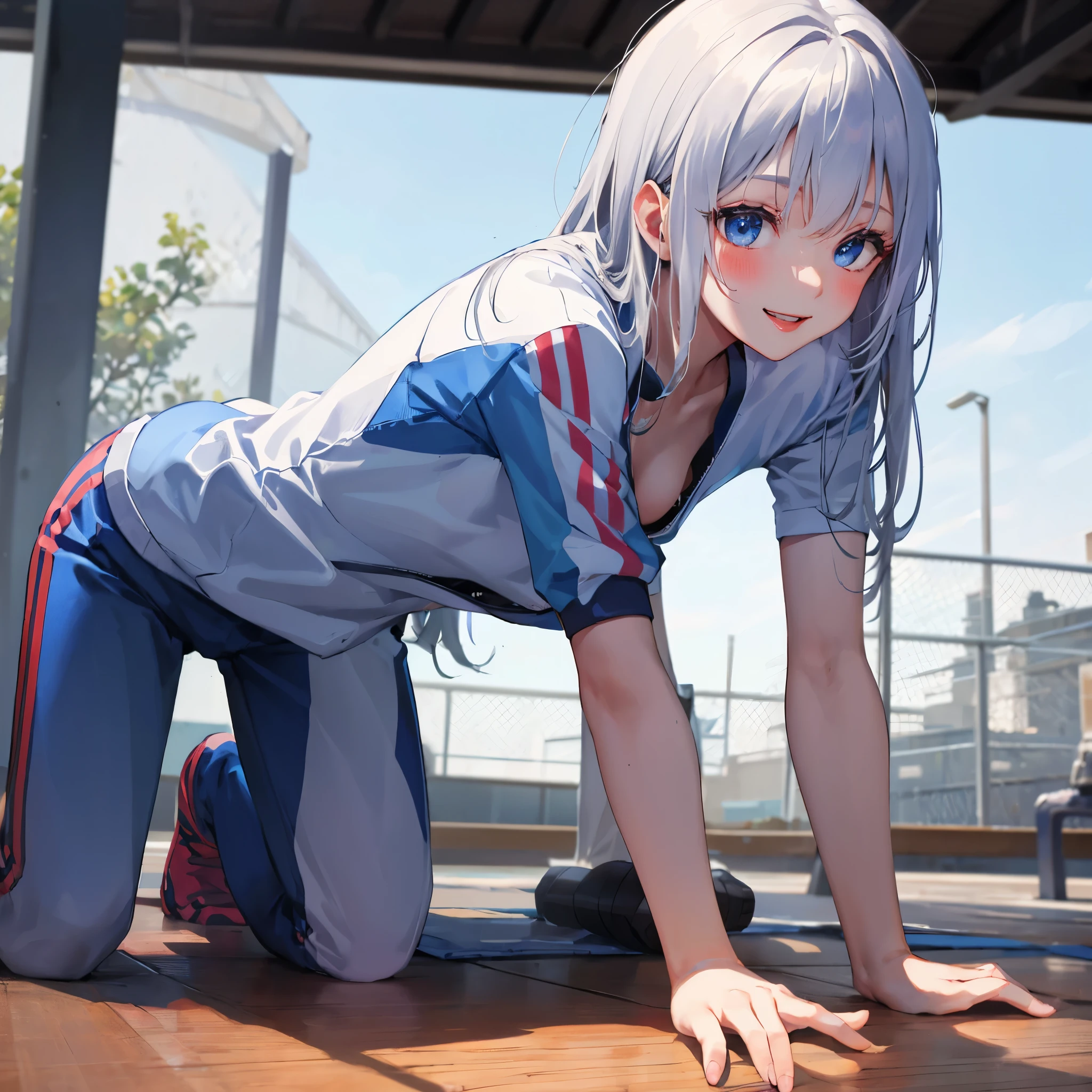 (masterpiece, best quality), 1girl, close-up face, (from front:1.2), (on all fours on the floor:1.2), (looking down:1.2), break girl, casual,Gym suit、Wearing a jersey、school gym、 (bra:1.2), breast gap, medium breasts, hanging breasts, downblouse,Nipples are visible、Not wearing a bra、Leaning forward、Silver hair, very short hair, slanted eyes, medium breasts(C Cup)-Pale blue eyes、、8K, highest quality, masterpiece, Ultra-detailed、full lips、、、Blushing、lipstick、Perfect hands、Detailed hand、、young face、、full lips、Pale blue eyes、、perfect hands、detailed hands,、Smile、smile、gymnastics matの上、gymnastics mat、Gym suit,Wearing a jersey、Wearing spats