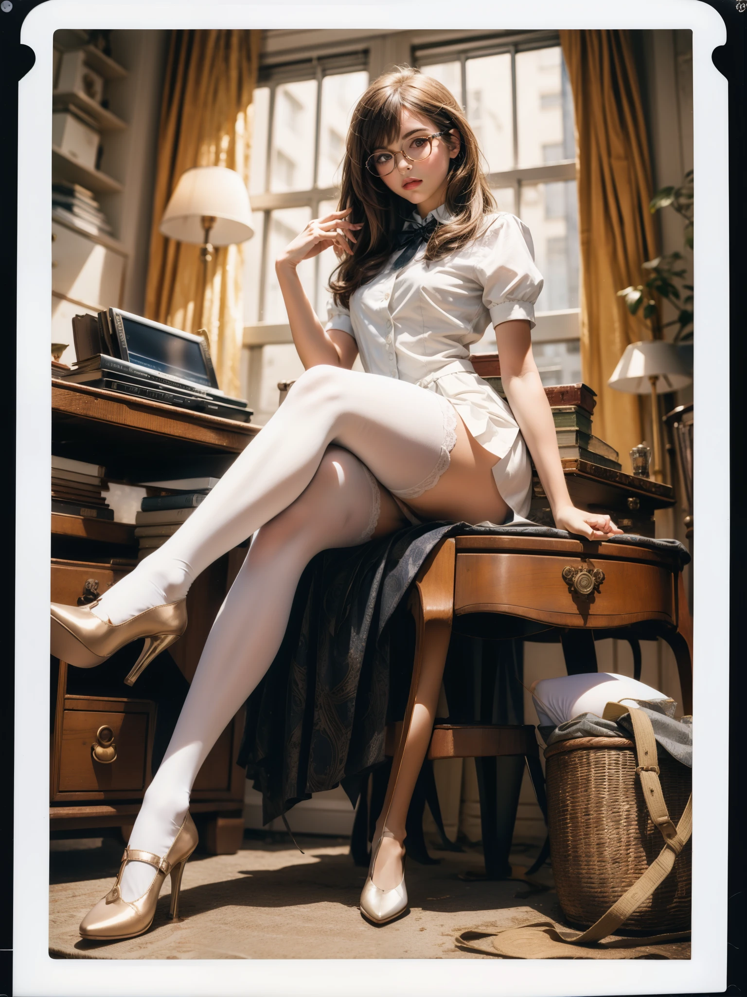 ((Detailed eyes)), mary jane shoes, full body, sit on desktop, white stockings, glasses, cute body, cute face, alice in wonderland, happy, brunette, photorealistic polaroid