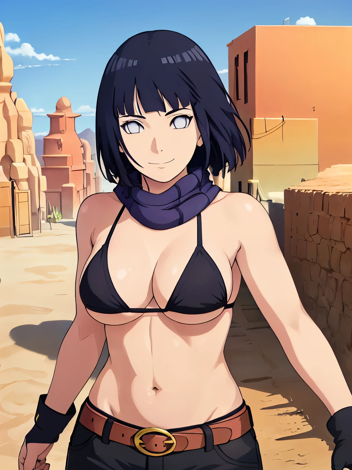 (hinata\(boruto\), (high quality, anime, heroine, gorgeous smile, slim body, leaning forward), ((black cotton bikini top)), ((fingerless gloves, black shorts with belt, black scarf)), (looking at the camera, curvy body, (very slim belly), extremely slim waist, off-shoulders, (medium-big breasts, visible under boobs), slim arms, little biceps, groin lines, little biceps, smile with closed mouth), (posing in photoshoot), pale skin, ((floating hair, dark blue, long hair, hime cut، loose hair), (location: desert with buildings)
