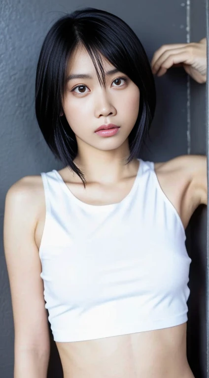 Japanese, Short women, Physical build, Short arms, Long, narrow eyes, Fleeting atmosphere, 30-year-old woman, Black bob hair, ((Thin lips)), White top and bottom underwear, Pieces fly, highest quality, Detailed skin, Fine grain, ,8k, Excellent anatomy, Upper body portrait
