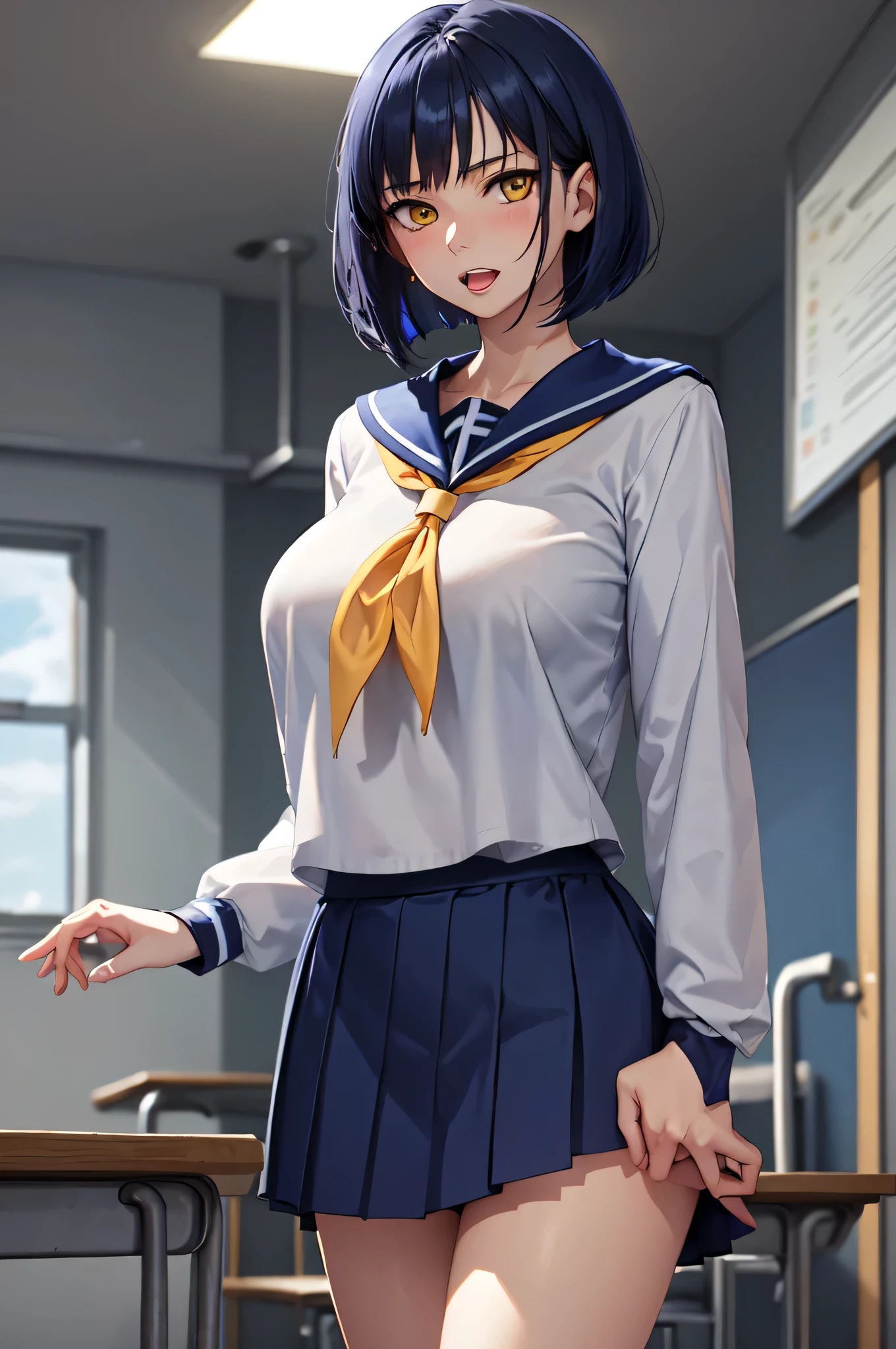 Anime Women、solo、Game CG style、masterpiece、highest quality、High resolution、Woman with short dark blue hair、Yellow Eyes、Bobcut、scarface、Big Breasts、A woman with very large breasts、Tall Woman、clavicle、、High school girls、Sailor suit、White shirt、Navy blue sailor collar、Red neckerchief、Long sleeve、Navy Blue Skirt、Pleated skirt、Navy blue knee sockary jane、Mouth closed、A woman is standing、School classroom、Cool vibe、nihilistic laughter、Cowboy Shot、Perfect proportions、Women in focus、looking at viewer、