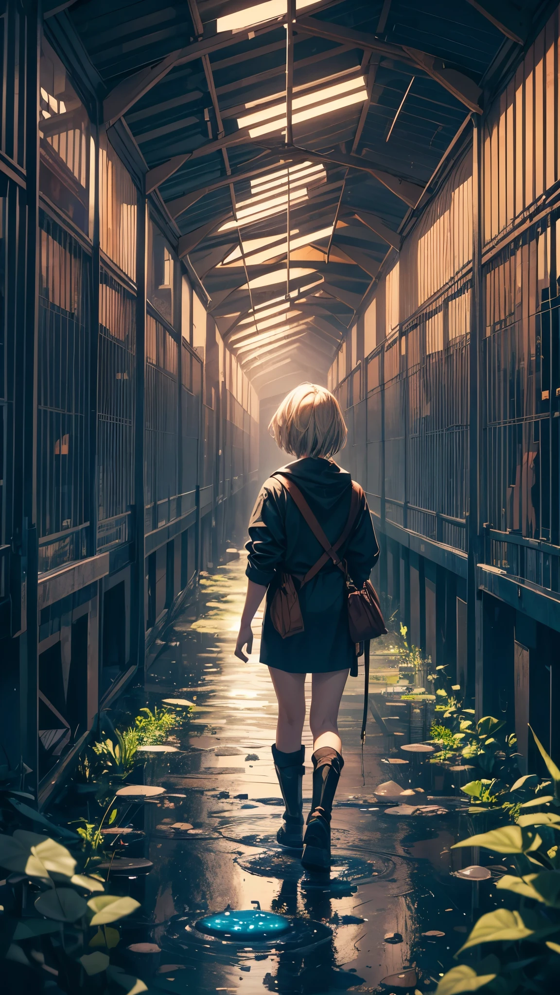 (best quality, highres, vivid colors, realistic), (inside the giant maze made from pools), 1 girl, 20 years old woman, wearing army style clothes, short blonde hair, walking the maze, mysterious lighting, surreal atmosphere, reflective pools, towering walls, intricate pathways, distorted reflections, hidden passages, quiet and eerie, sense of adventure, anticipation, exploration, mind-bending twists, unexpected encounters, sense of isolation, vast and endless, immersive experience, otherworldly escape, surreal journey