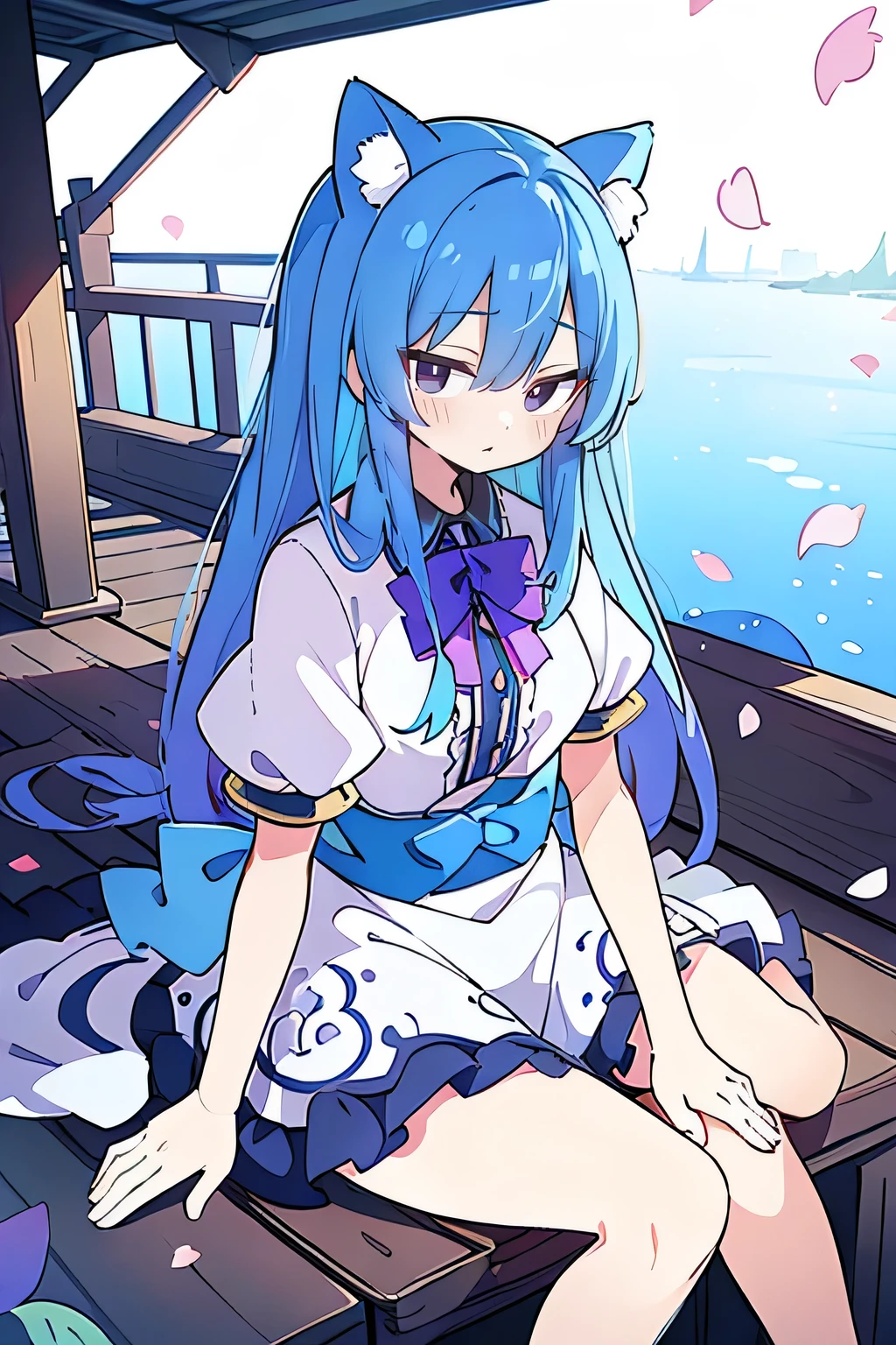 (masterpiece:1.2),ultra-detailed,realistic,expressive eyes,fair-skinned,perfectly shaped face,1girl,
Japanese cartoons,Gorgeous blue hair, flowing blue hair,floating clothes,cat ears,petals falling,beautiful Lola,Hina Angel,
hands on waist,gracefully sitting on the ground,legs crossed,gentle and serene background,cool and comfortable pavilion.