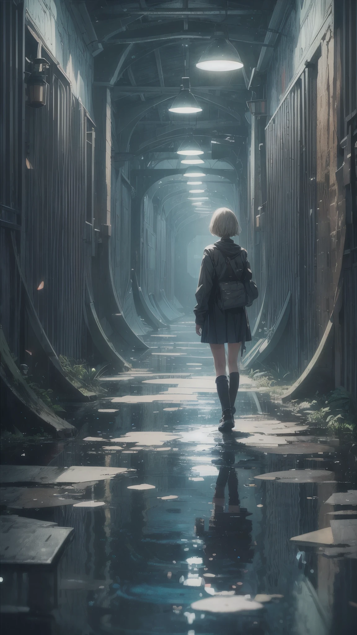 (best quality, highres, vivid colors, realistic), (inside the giant maze made from pools), 1 girl, 20 years old woman, wearing army style clothes, short blonde hair, walking the maze, mysterious lighting, surreal atmosphere, reflective pools, towering walls, intricate pathways, distorted reflections, hidden passages, quiet and eerie, sense of adventure, anticipation, exploration, mind-bending twists, unexpected encounters, sense of isolation, vast and endless, immersive experience, otherworldly escape, surreal journey