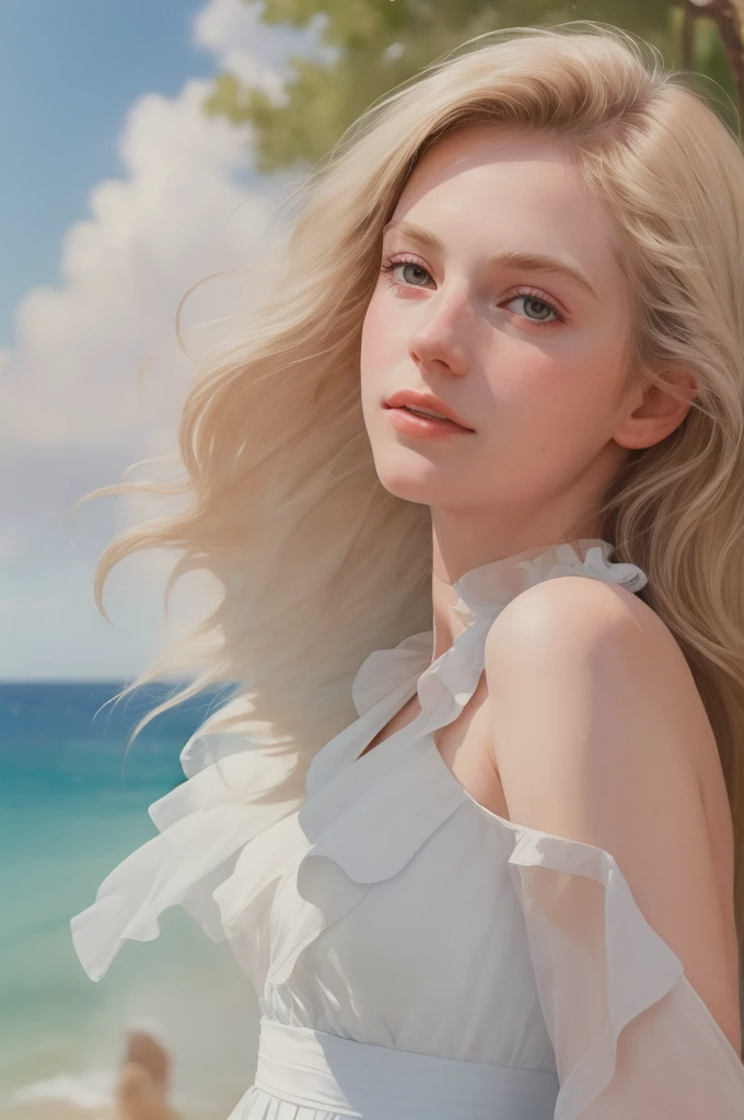 (masterpiece, realistic:1.4), (extremely intricate:1.2)>, close shot ,[Marilyn Monroe:Maude Adams:0.45] portrait,(upper body:1.2), (( Detail in Face)), (( detail eyes)), (from front:1.3), 1970's dress, backless dress, (long dress:1.2), very long hair, breasts, bare shoulders, sky, ocean, water, looking at viewer, italian, head tilt, wind, cloud, sunlight, outdoor, 1girl, solo, BREAK, cinematic light, ultra high res, 8k uhd, film grain, perfect anatomy, exquisitely detailed skin, best shadow, delicate, RAW,highres,