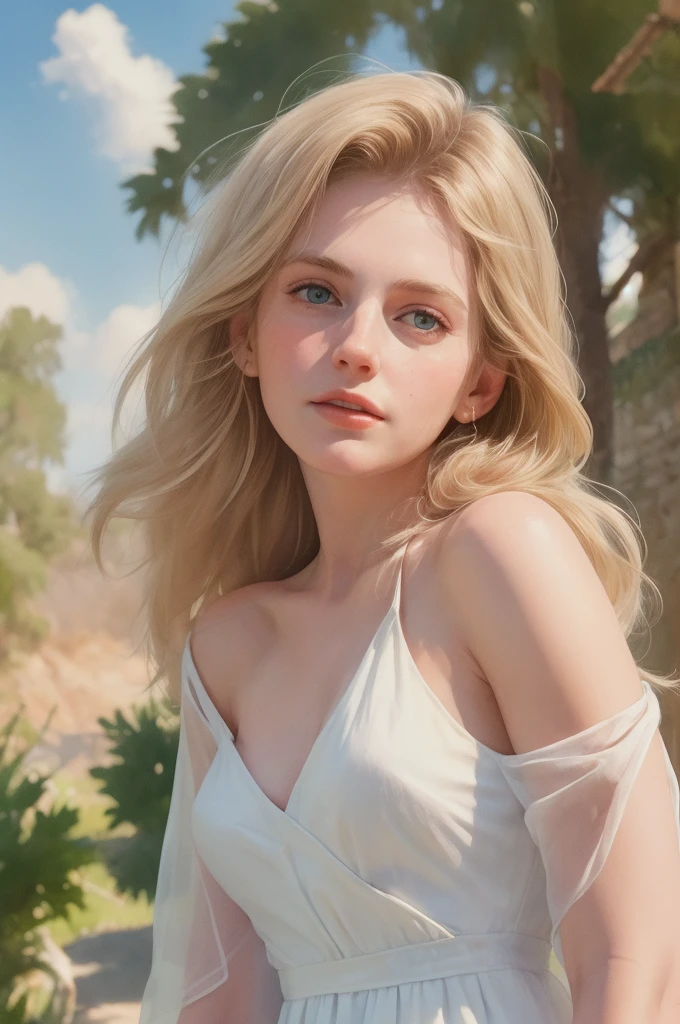 (masterpiece, realistic:1.4), (extremely intricate:1.2)>, close shot ,[Marilyn Monroe:Maude Adams:0.45] portrait,(upper body:1.2), (( Detail in Face)), (( detail eyes)), (from front:1.3), 1970's dress, backless dress, (long dress:1.2), very long hair, breasts, bare shoulders, sky, ocean, water, looking at viewer, italian, head tilt, wind, cloud, sunlight, outdoor, 1girl, solo, BREAK, cinematic light, ultra high res, 8k uhd, film grain, perfect anatomy, exquisitely detailed skin, best shadow, delicate, RAW,highres,