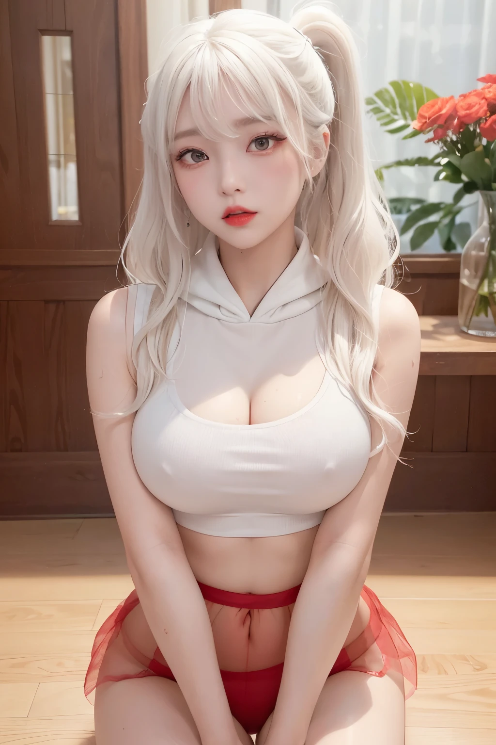 (masterpiece, realistic, high resolution), ((1 girl): 1.2), Korean, ((white wavy hair): 1.3), (heterochromia: 1.1, thick eyebrows,), (white hoodie without front close), ((medium breasts): 1.2, small waist, thigh), catwalk walk, masterpiece: 1.2, best quality), realism, (real pictures, rich detail details, depth of field), (1 girl, solo), makeup, high detail, perfect face shape, (: 1.4), (skin dents), thick thighs, wide hips, thin waist, high, coral, red lips, red eyes, ponytail (girls, shallow tulle, tulle transparent), (sweat: 1.2) , (wet), sexy, blush, (shy expression), sexy lace crop top, suspenders, belly pockets, flowers on clothes, wearing super tight sexy boxers,