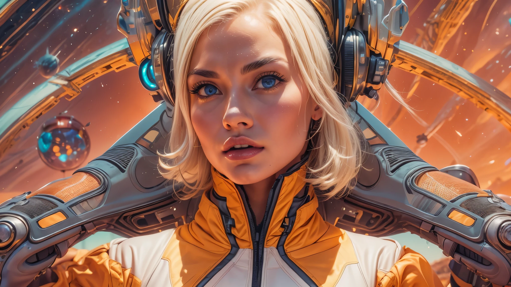 arafed image of a white woman in a futuristic suit with a spaceship in the background, movie art, in front of an orange background, inspired by Robert McGinnis, female protagonist, megastructure in the background, portrait of an ai astronaut, astronauts, an astronaut, portrait of a astronaut skeletor, perfect android girl, detailed eyes, perfectly detailed teeth, frank franzzeta and sakimichan