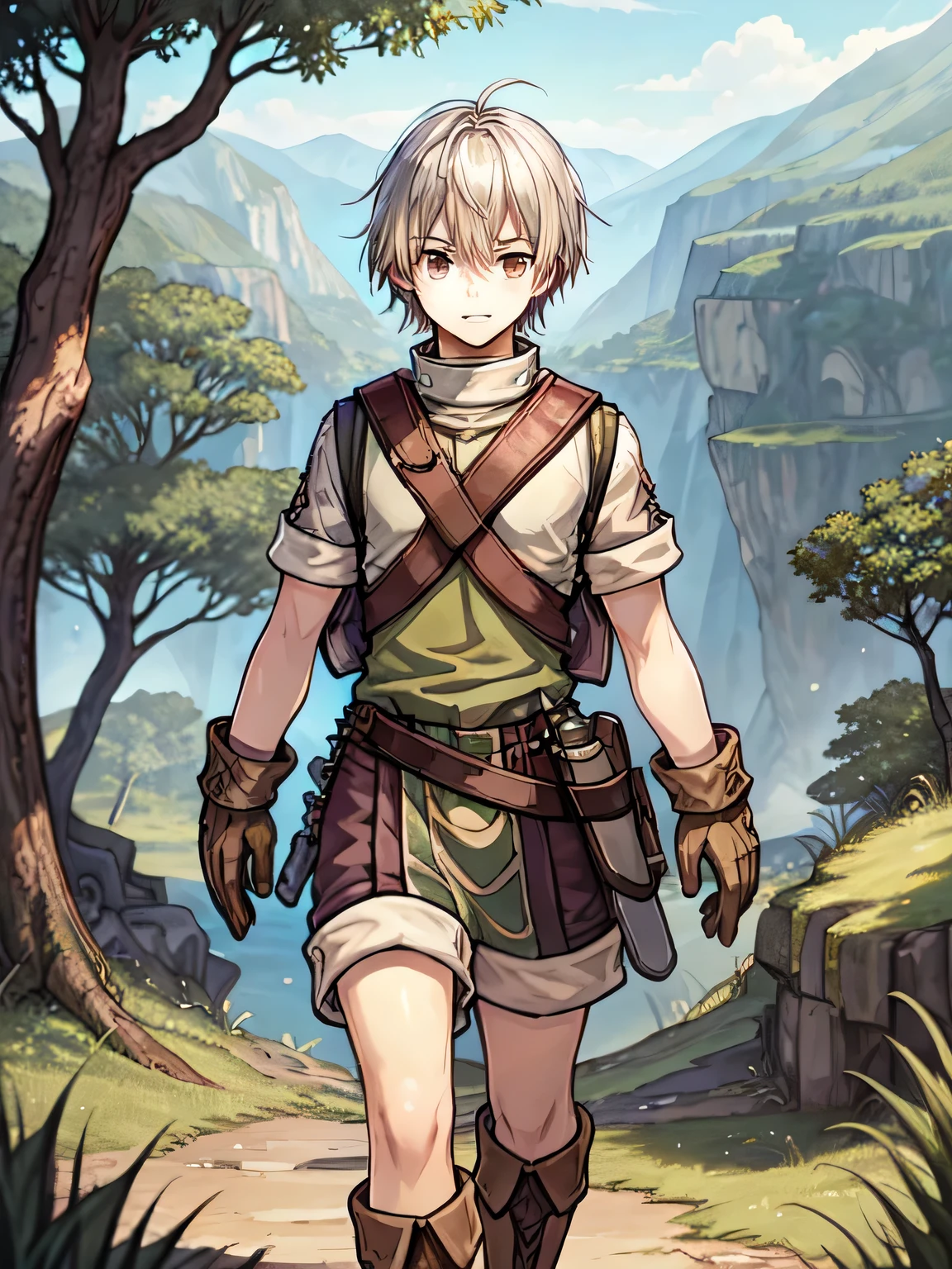 (masterpiece, top quality, best quality, official art, Beautiful and beautiful:1.2), 1 boy, In the brilliant colors of the sunset, A charming 17-year-old boy，White hair, Standing on a mossy cliff, Overlooking a peaceful forest in a lively MMO RPG ,Ragnarok_Newbie