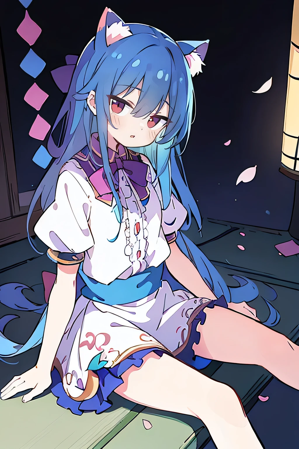 (masterpiece:1.2),ultra-detailed,realistic,expressive eyes,fair-skinned,perfectly shaped face,1girl,
Japanese cartoons,Gorgeous blue hair, flowing blue hair,floating clothes,cat ears,petals falling,beautiful Lola,Hina Angel,
hands on waist,gracefully sitting on the ground,legs crossed,gentle and serene background,cool and comfortable pavilion.