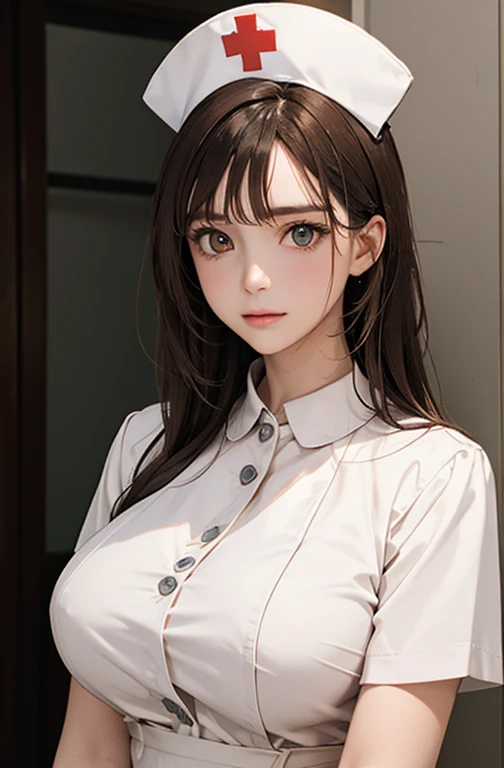 Nurse , in hospital , detailed hand , high quality, super quality, detailed face, beautiful woman , golden eyes, long hair , mega , gorgeous dress, wearing white nurse costume , nurse cap, sharpe eyebrow , (brown hair:1.4)