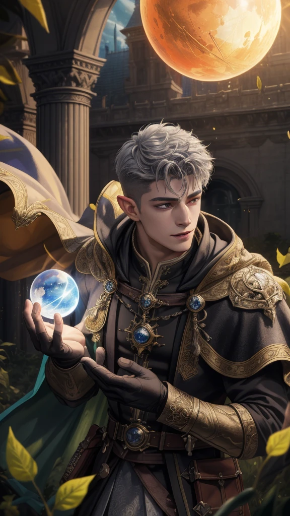(Absurdres, Intricate Details, Masterpiece, Best Quality, High Resolution, 8k), 1 male, masculine, young, aged up, dreadful, finely detailed eyes and face, gray short back and sides hair, black eyes, portrait, looking at viewer, solo, (full body:0.6), detailed background, (RootsBranchesAI theme:1.1) glowing eyes, gentle smile, high fantasy, cleric, casting healing spell, hovering in air, sunshine, floating leaves, color cape, gloves, magic sphere, divine spell, mana, bright realistic lighting, marble castle in background, peaceful atmosphere, tiara of light hovering above head, , Depth of Field, VFX. Fighting goblin, fight goblin colony, killing goblin.
