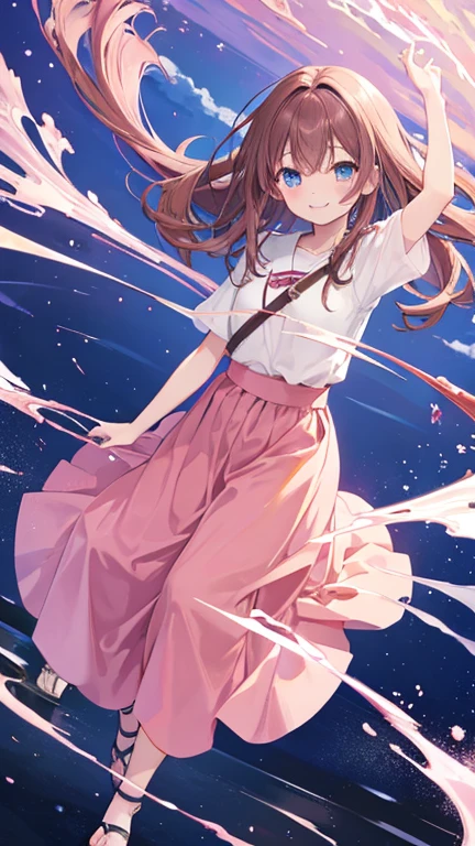 Anime Style,highest quality, masterpiece,Pink and brown hair, iris, smile,Simple Background,men and women, fluid movement,Long skirt