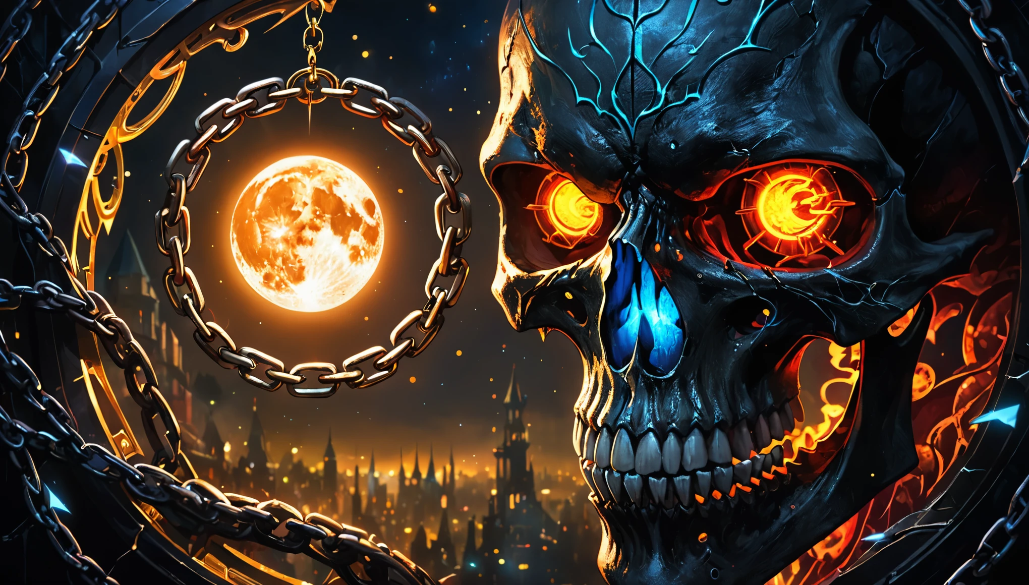 a red skull, dragon portrait, By Rostlan, Benedict Barna, Morel, (((gold jewelry))), (The pupil is composed of a moon-shaped image.:1.8), Miracle, Dark atmosphere, Black Forest, ((Neon glowing)), ((Blue Arc)), Characteristics of dragons, Dragon skull, Jewelry accessories, Diffraction spike, Bright colors、Bokeh、portrait、landscape、Fear, photography, Concept Artist, Steel claws, Steel Fang, word graffiti, Electron Link, Metal chains, lightning bolt symbol, diffraction spikes, UHD, masterpiece, ccurate, anatomically correct, textured skin, super detail, high details, high quality, award winning